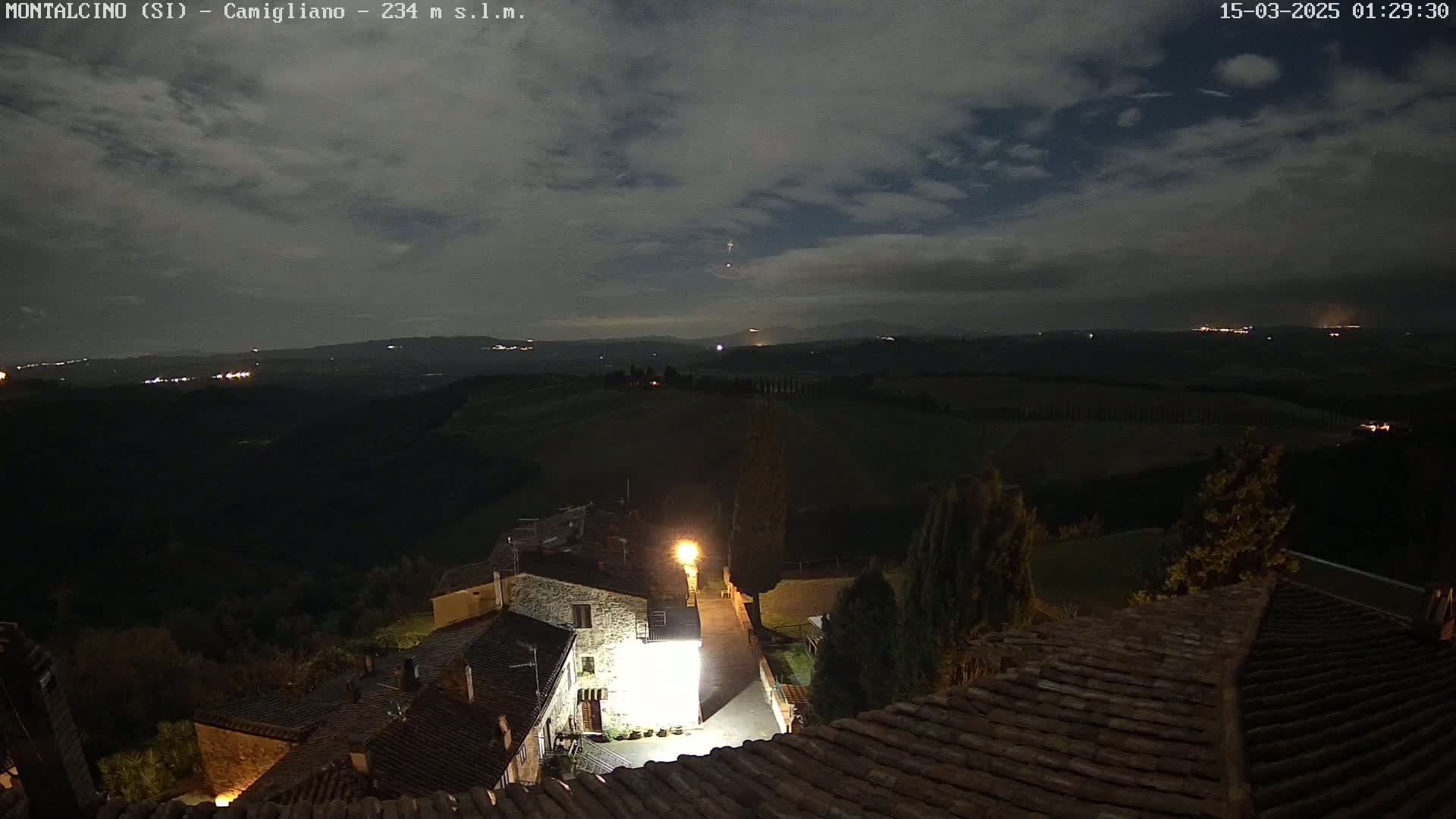 A nighttime view of a stone village nestled in a hilly landscape under a partly cloudy sky, illuminated by a few lights and the moon.