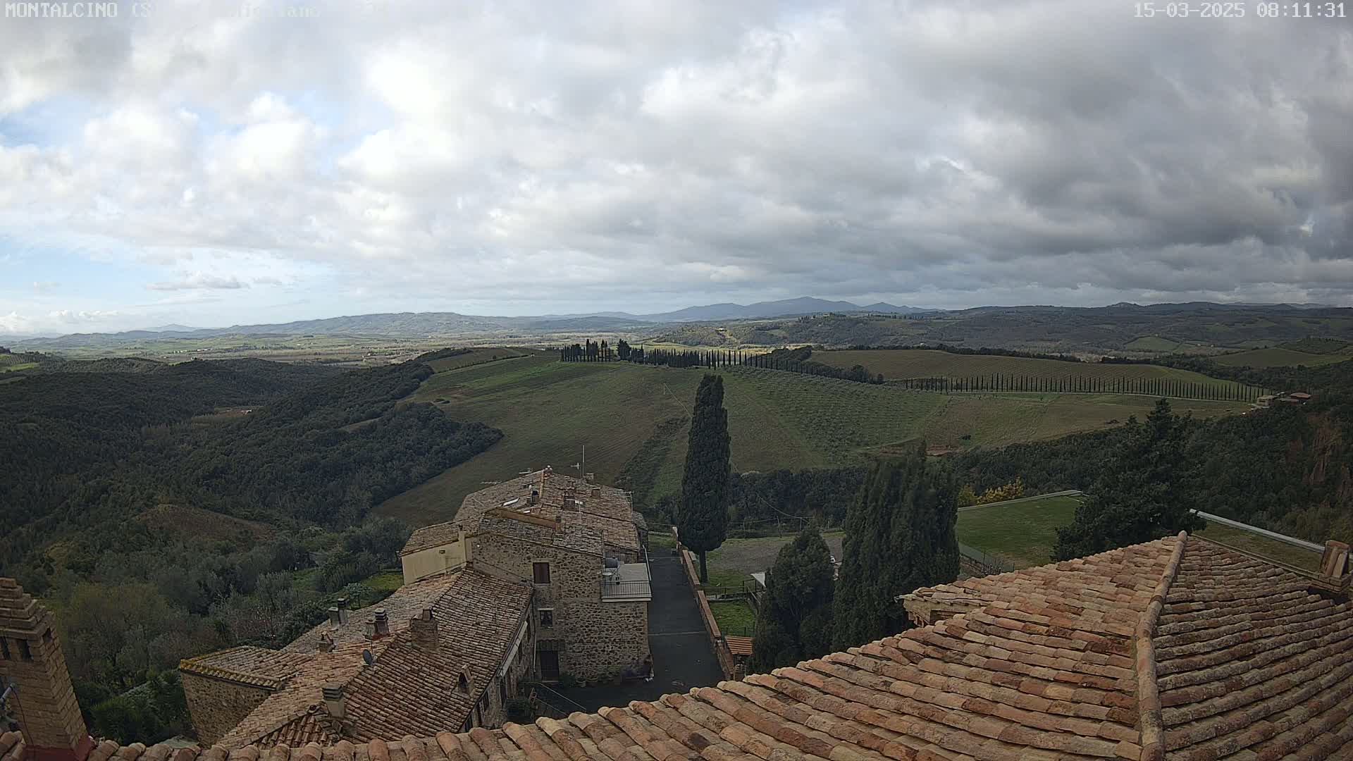 Overcast skies overlook a Tuscan landscape of rolling green hills, rows of cypress trees, and stone buildings with terracotta roofs.