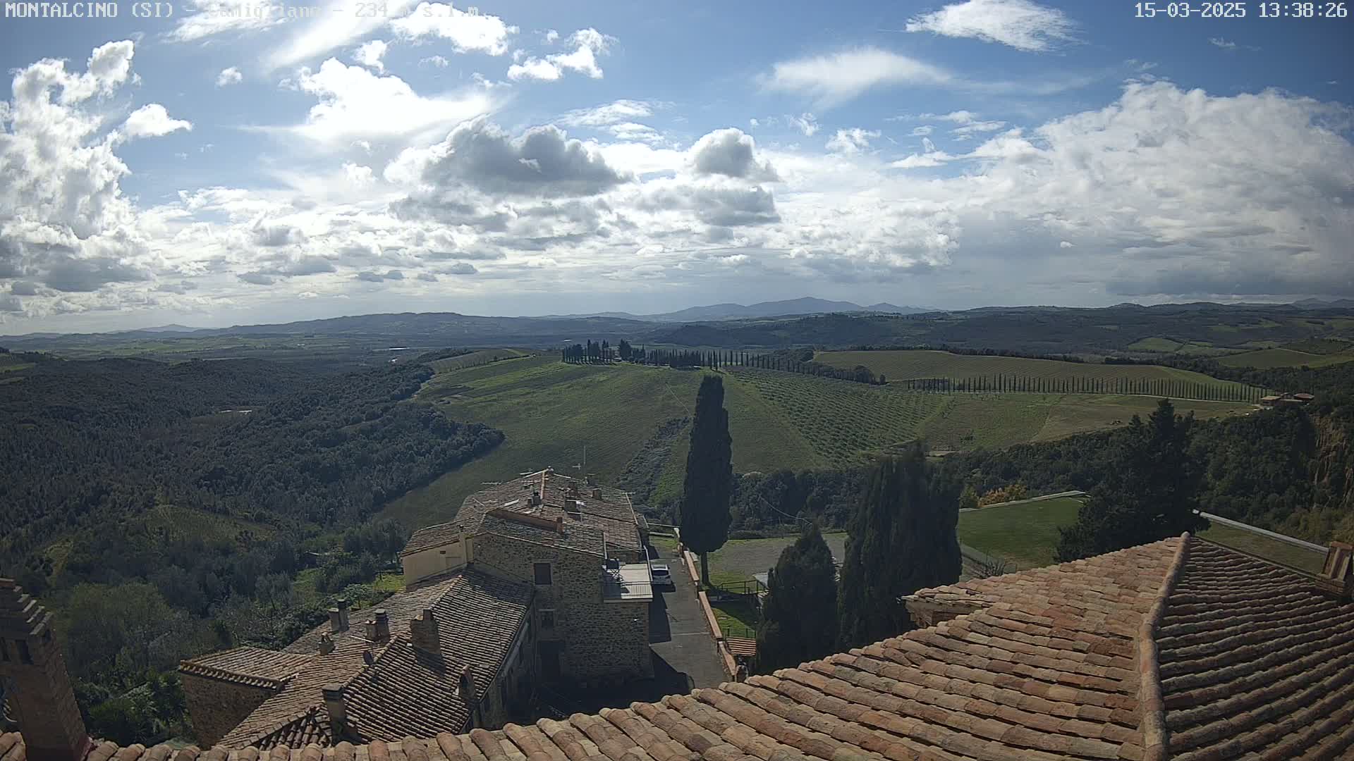 A partly cloudy sky overlooks a Tuscan landscape of rolling green hills, vineyards, and cypress trees, with terracotta rooftops of buildings in the foreground.