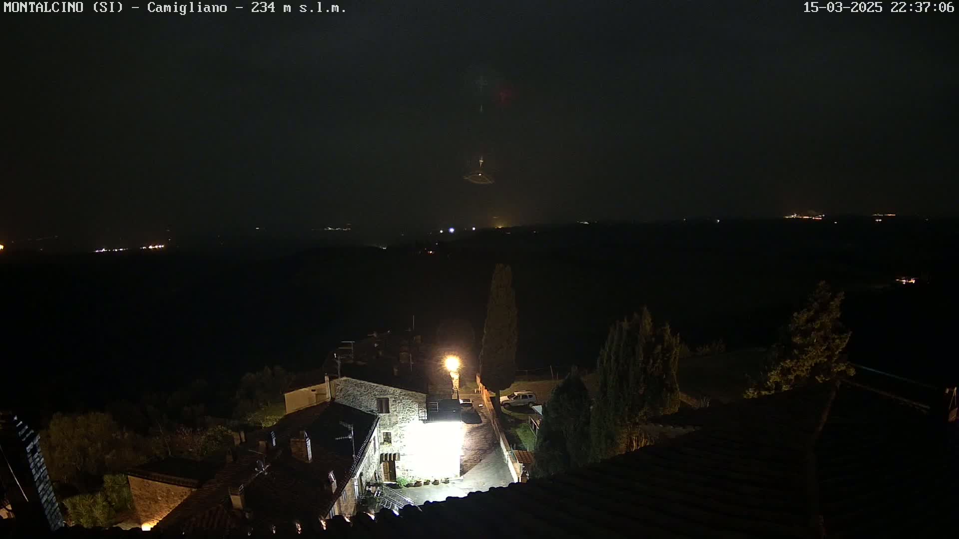 A nighttime view of a small village nestled in dark hills under a mostly clear sky.