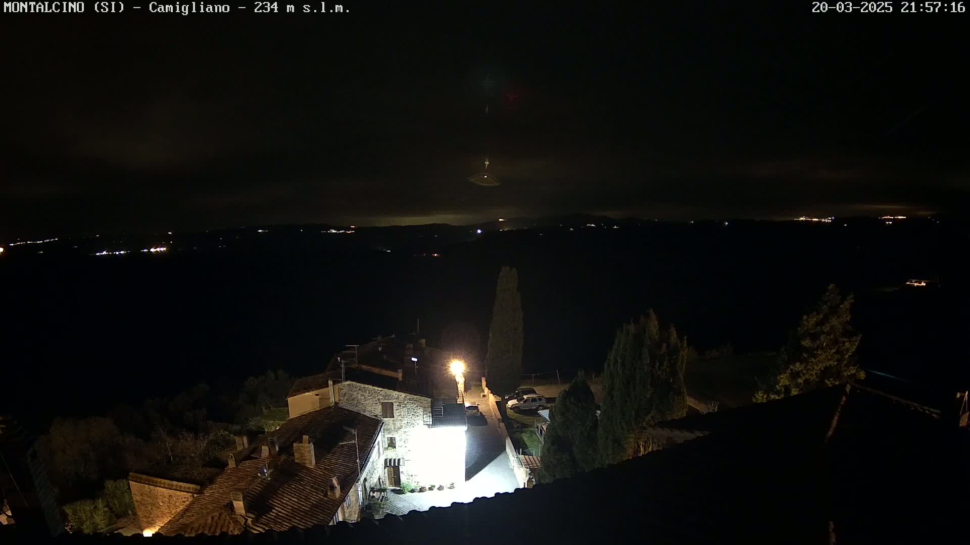 A nighttime view of a village nestled in dark hills under a mostly clear sky, with a few distant lights visible.