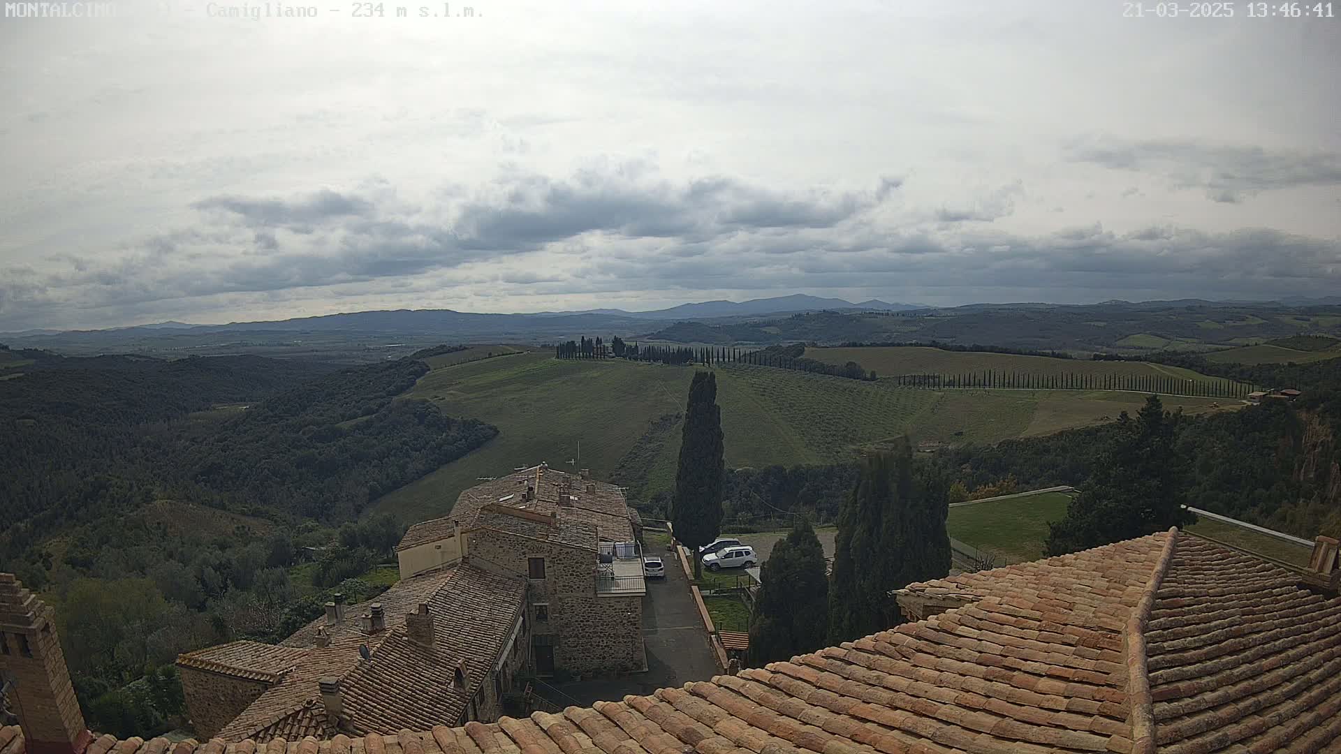 A view from a terracotta roof shows a cloudy sky over rolling green hills dotted with trees and stone buildings, with a few cars visible in a parking area.