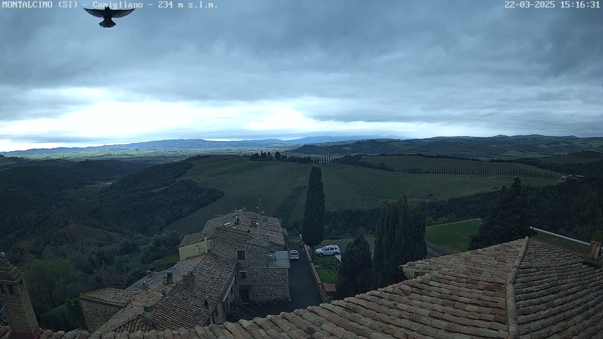 A bird flies over a hilly, green landscape under a cloudy sky, with the tops of stone buildings and terracotta roofs in the foreground.