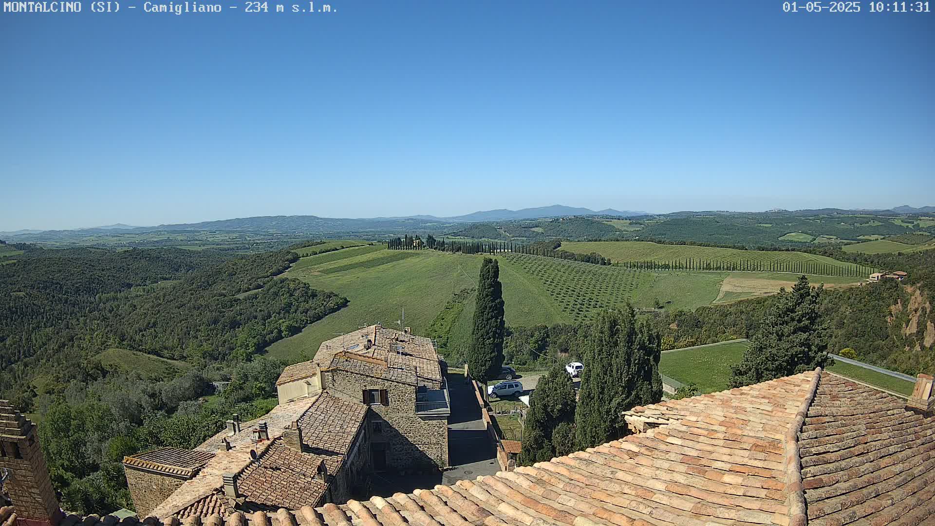 A sunlit view from a rooftop shows rolling green hills, dotted with trees and buildings, under a clear blue sky.