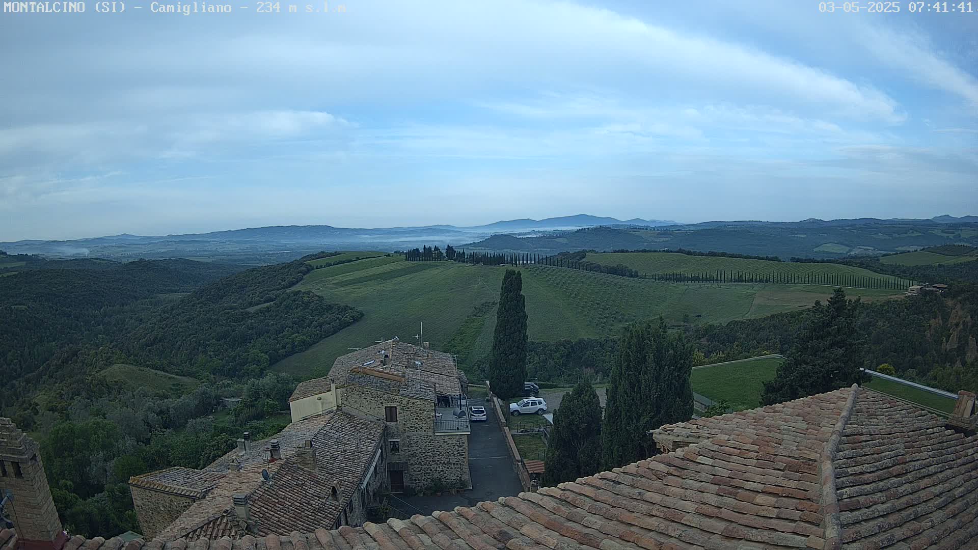 Under a mostly clear, light-blue sky, rolling green hills dotted with cypress trees stretch to a hazy horizon, viewed from atop a village of terracotta-roofed buildings.