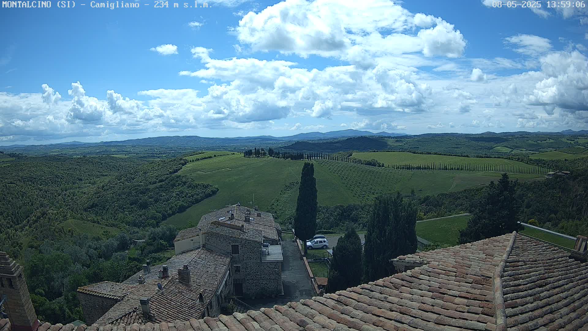 A partly cloudy sky overlooks a hilly, green landscape dotted with cypress trees and topped with terracotta-roofed buildings.