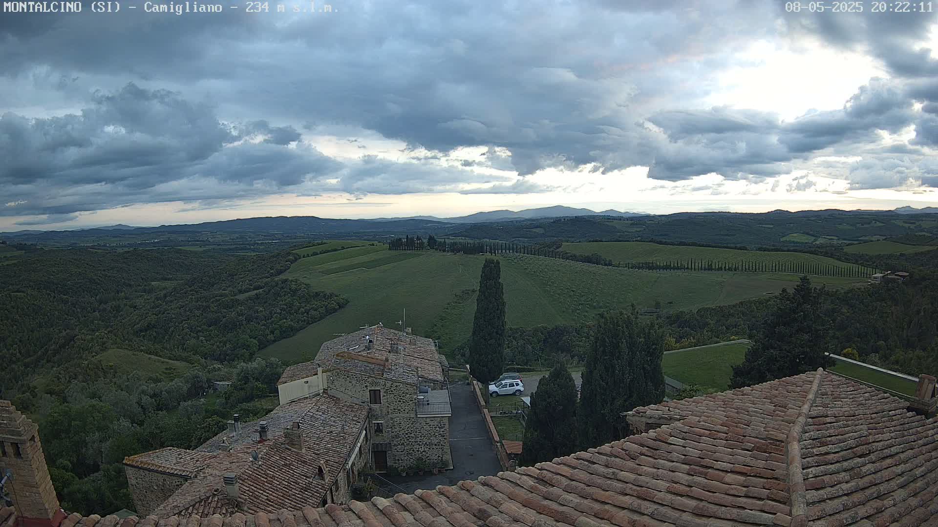 A partly cloudy sky overlooks a sprawling, verdant Tuscan landscape dotted with stone buildings and cypress trees.