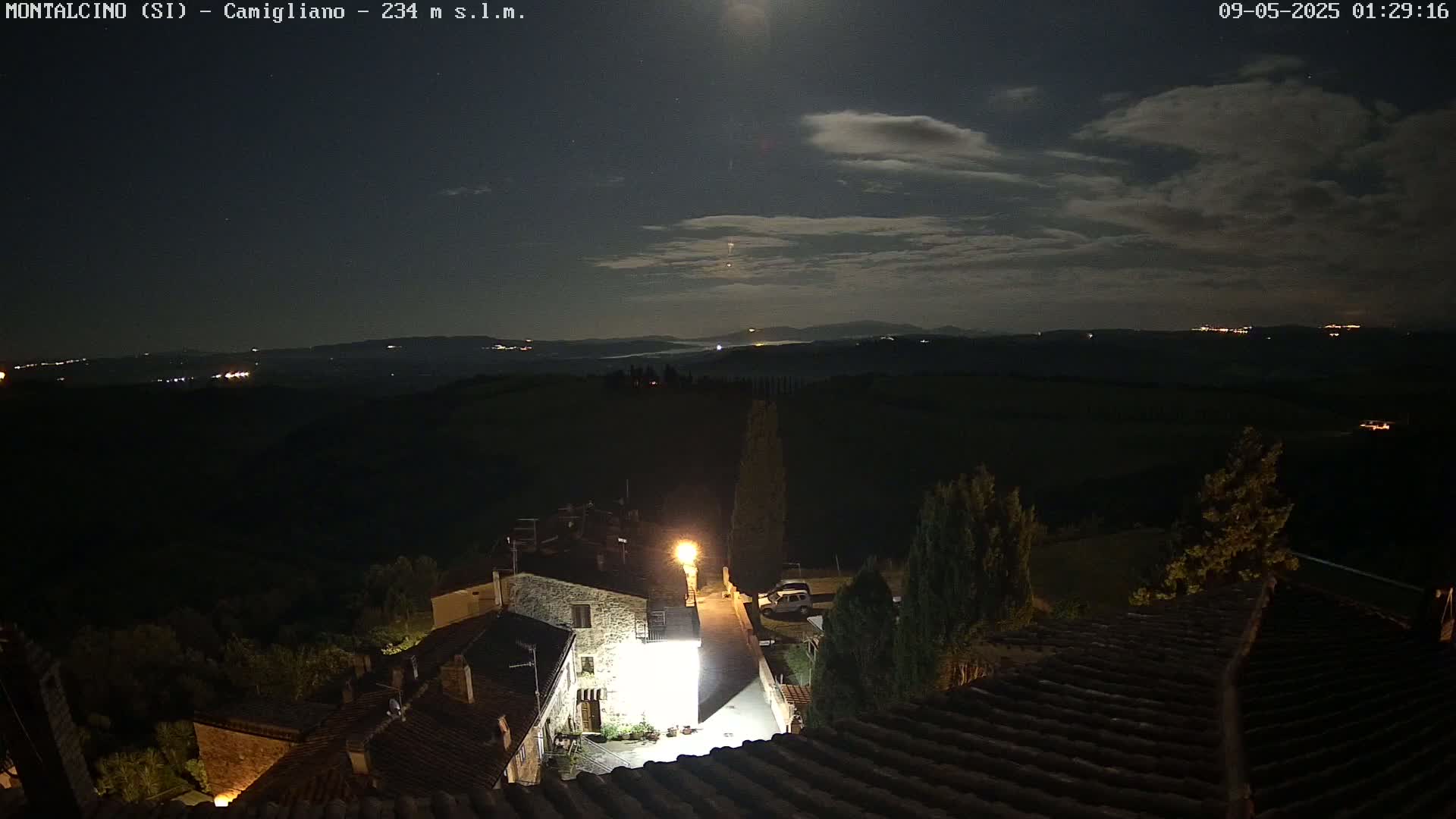 A nighttime view of a village nestled in rolling hills under a partly cloudy moonlit sky.