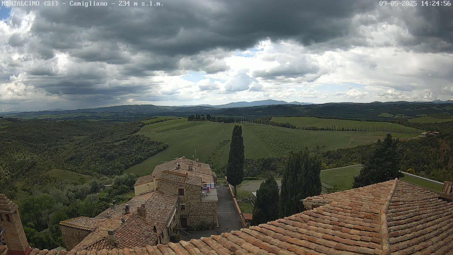 A view from a rooftop shows rolling green hills under a partly cloudy sky, with a stone village in the foreground.
