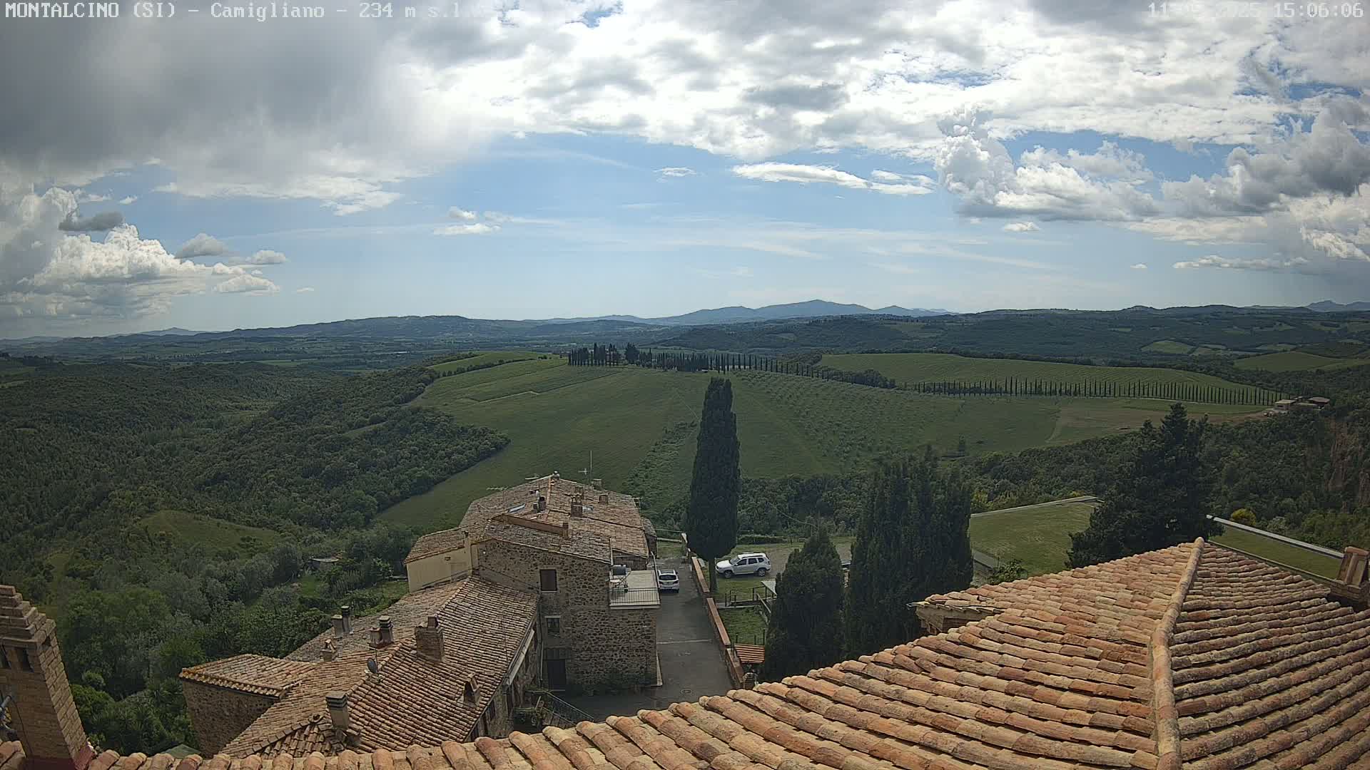 A partly cloudy sky overlooks a picturesque Tuscan landscape of rolling green hills, cypress trees, and terracotta-roofed buildings.