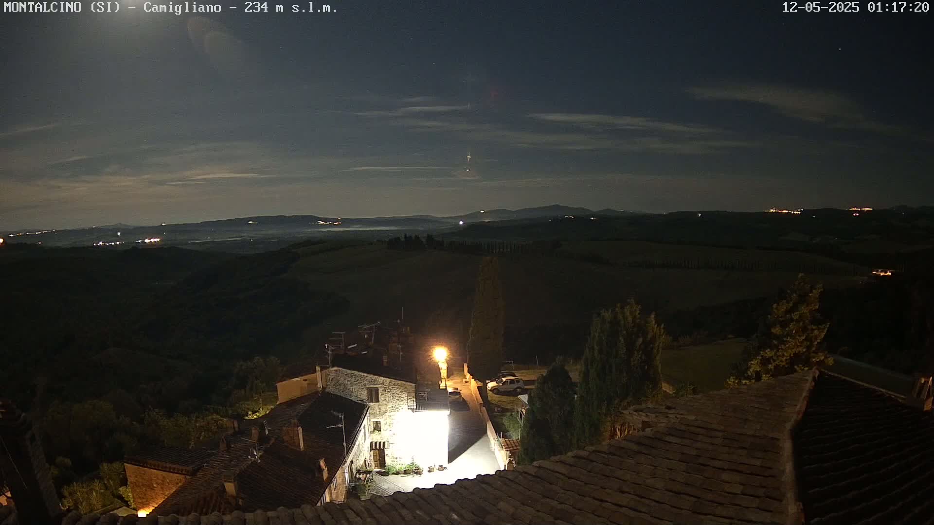 A nighttime view of a small village nestled in rolling hills under a partly cloudy sky, with some lights illuminating the village streets and buildings.