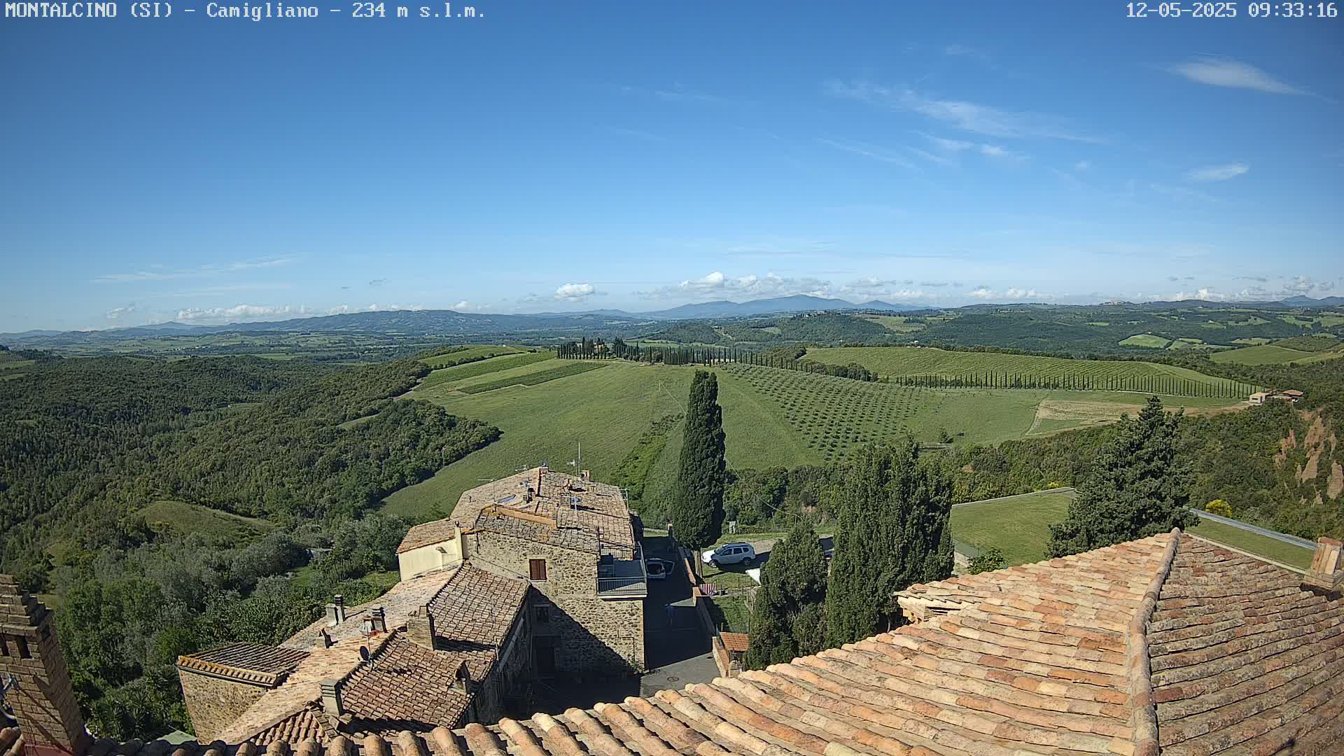 A sunlit, expansive view of rolling green hills and vineyards dotted with cypress trees, overlooking terracotta-roofed buildings under a clear blue sky.