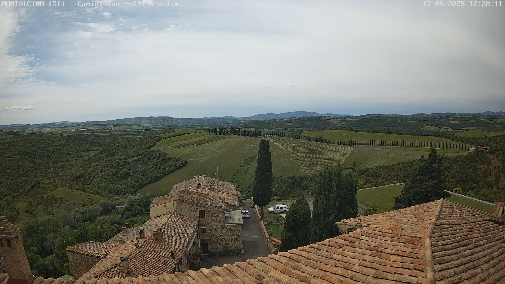 A view from a rooftop shows rolling hills of vineyards and cypress trees under a cloudy sky, with stone buildings and cars visible in the foreground.