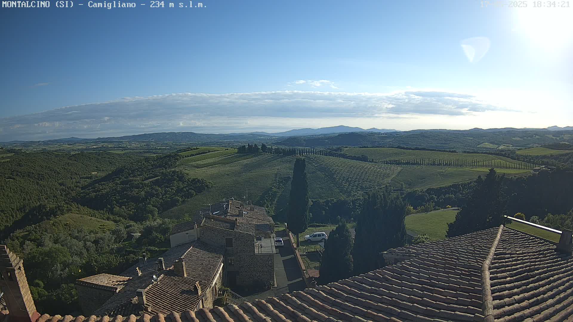 A mostly clear, sunny day reveals a sprawling Tuscan landscape of rolling hills, vineyards, and cypress trees, viewed from atop a building with terracotta tile roofs.