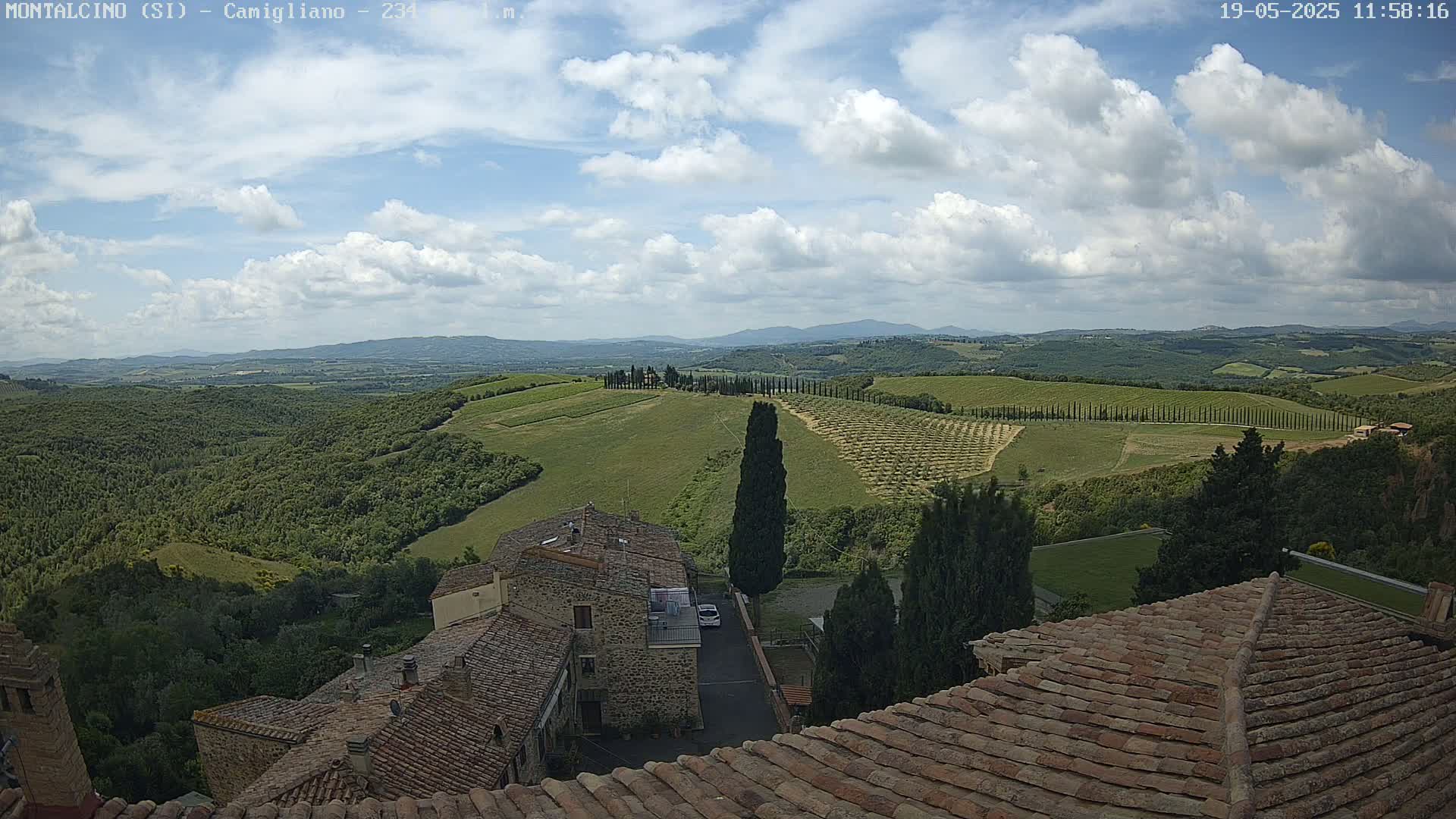 A partly cloudy sky overlooks a hilly landscape of vineyards and trees, with stone buildings and red tile roofs in the foreground.