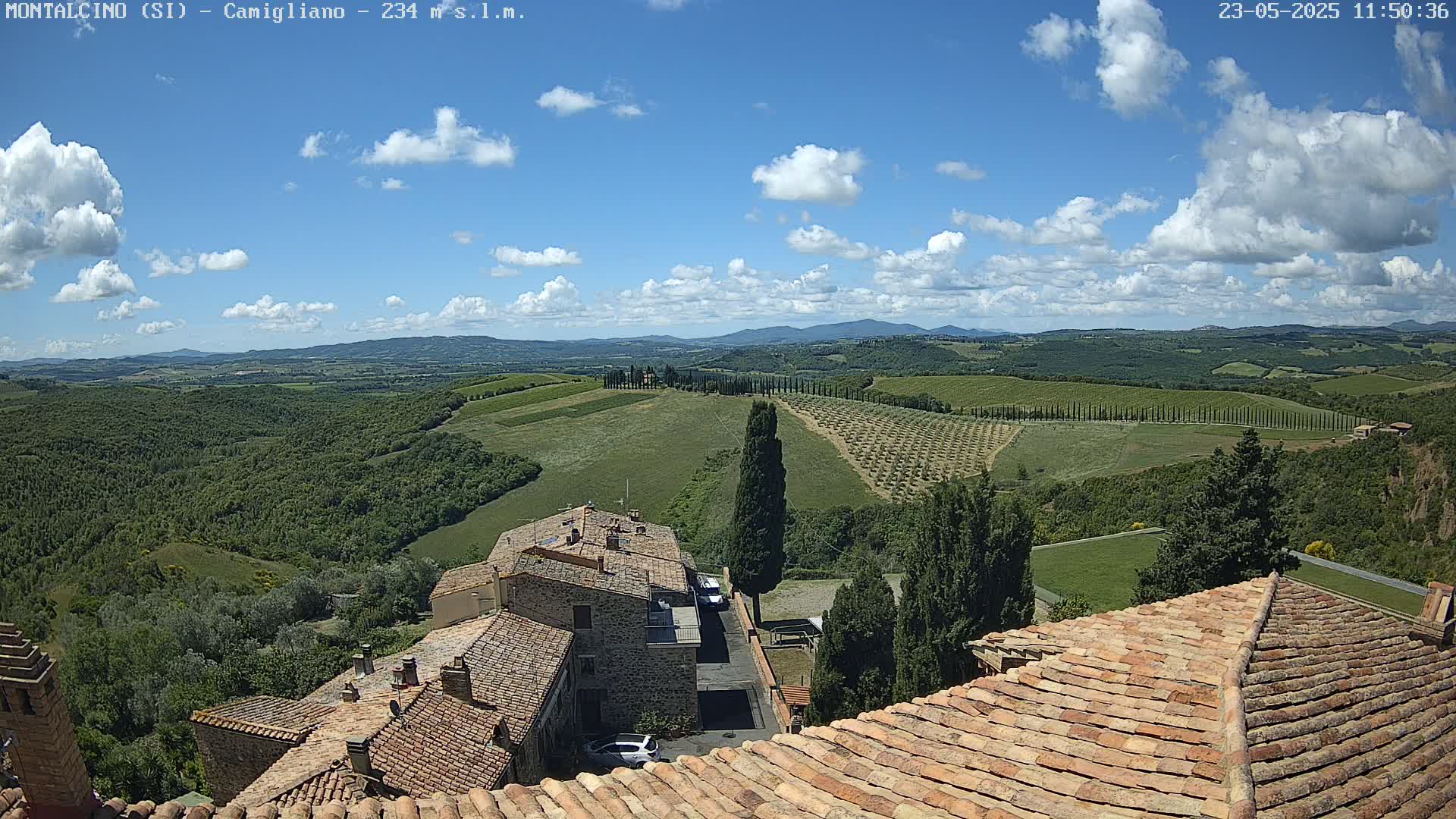 A partly cloudy sky overlooks a Tuscan landscape of rolling hills, vineyards, and cypress trees, with terracotta rooftops of buildings in the foreground.