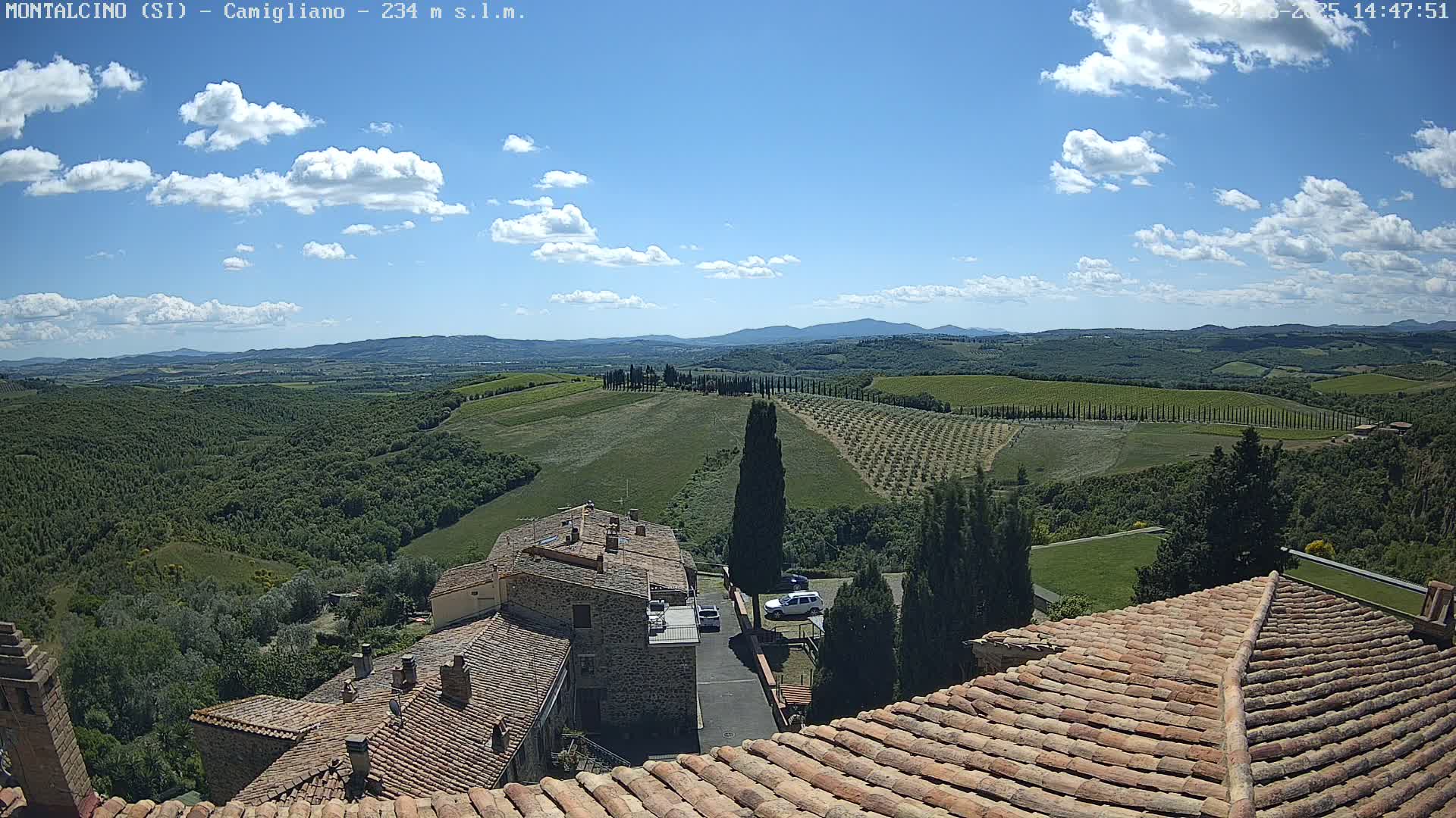A view from a terracotta roof shows a sunny day with scattered clouds over a hilly landscape of olive groves and vineyards, with a small village nestled in the foreground.