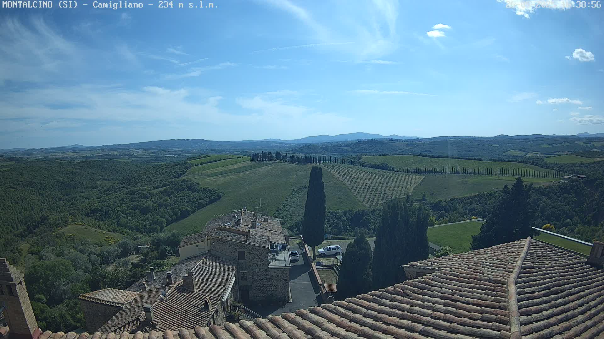 A view from a rooftop shows a sunny, partly cloudy day overlooking a vast, rolling green landscape dotted with trees and buildings, including a stone building with a terracotta roof immediately below.