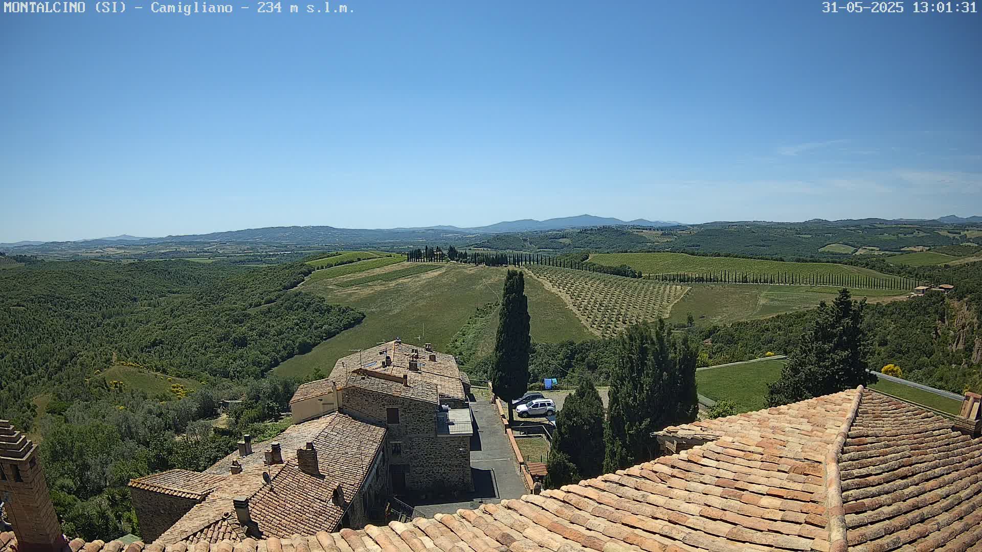 A sprawling Tuscan landscape under a clear blue sky is visible from a rooftop, showing terracotta roofs of buildings in the foreground and vineyards and forests extending to distant hills.