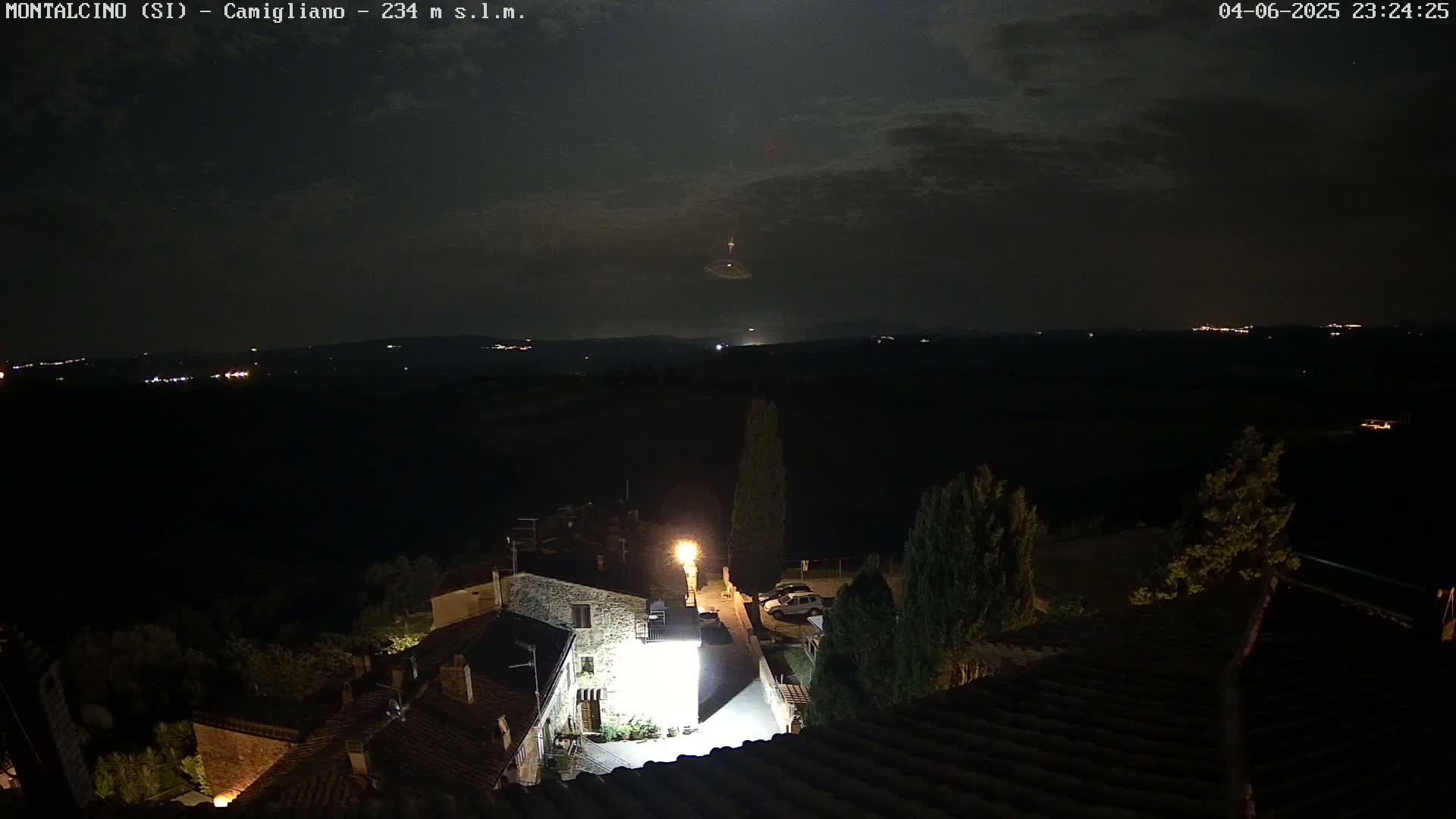 A nighttime view of a small village nestled in a dark landscape under a partly cloudy sky, with distant lights visible on the horizon.