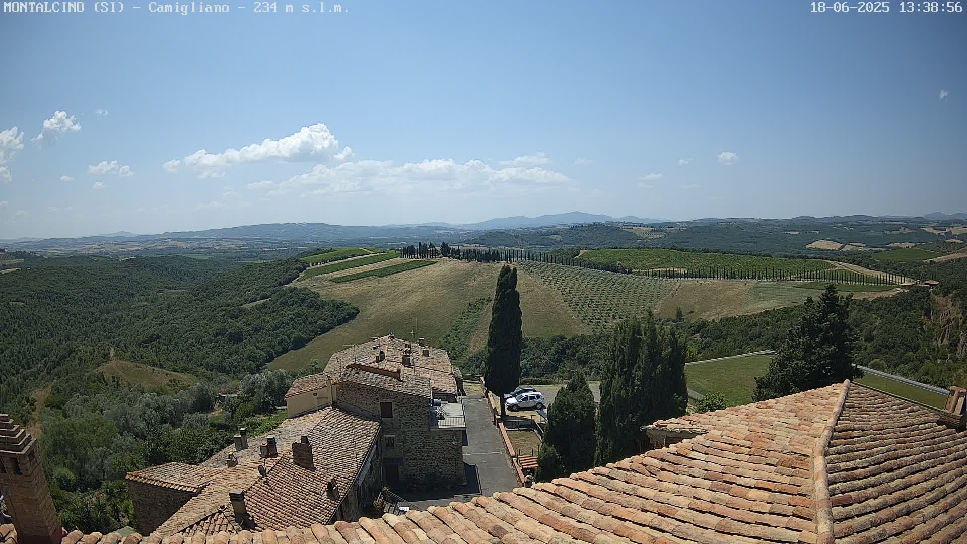 A partly cloudy blue sky overlooks a sun-drenched Tuscan landscape of rolling hills, vineyards, and stone buildings, viewed from a terracotta rooftop.