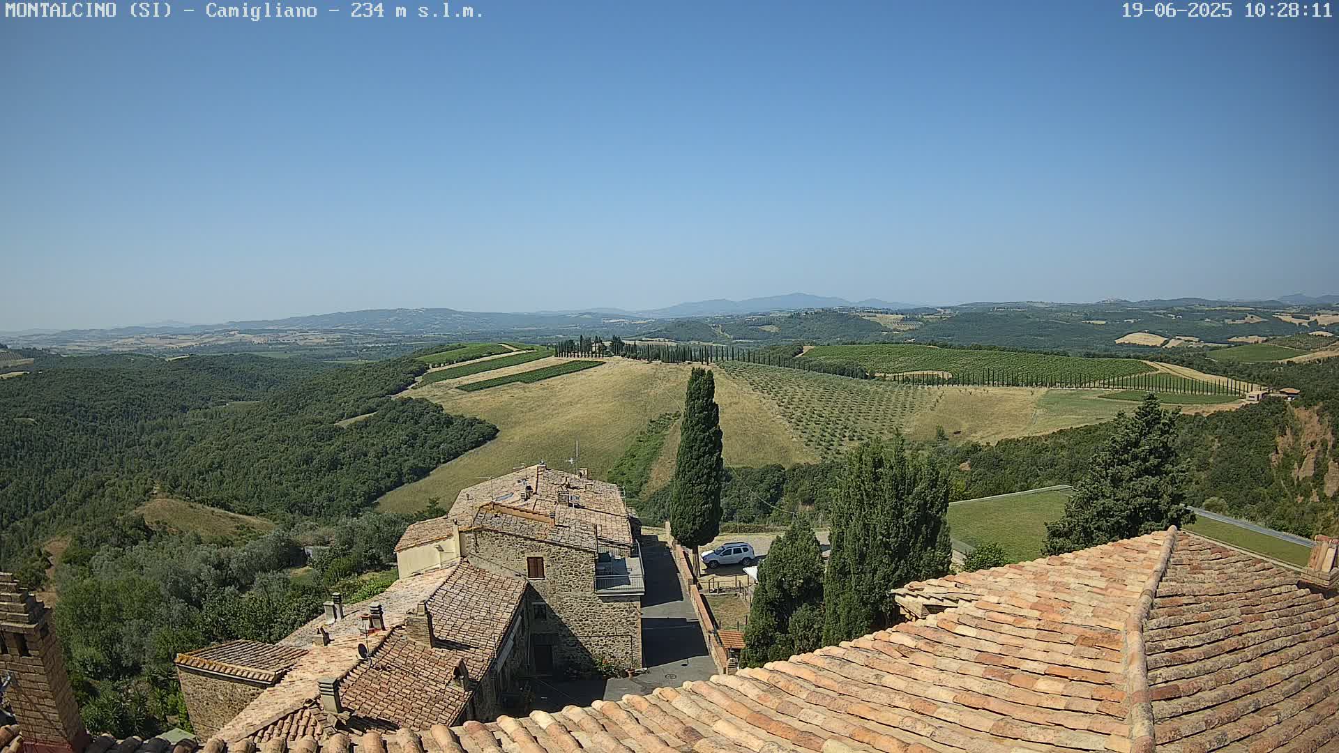 A sunny view of rolling hills dotted with vineyards and cypress trees, overlooking a small village with terracotta rooftops.