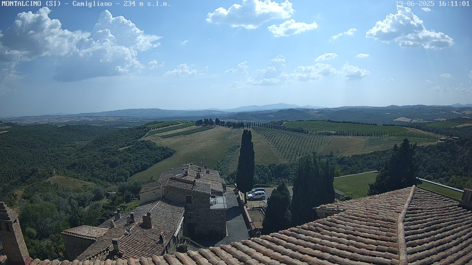 A partly cloudy sunny day overlooks a Tuscan landscape of rolling hills, vineyards, and stone buildings with terracotta roofs.
