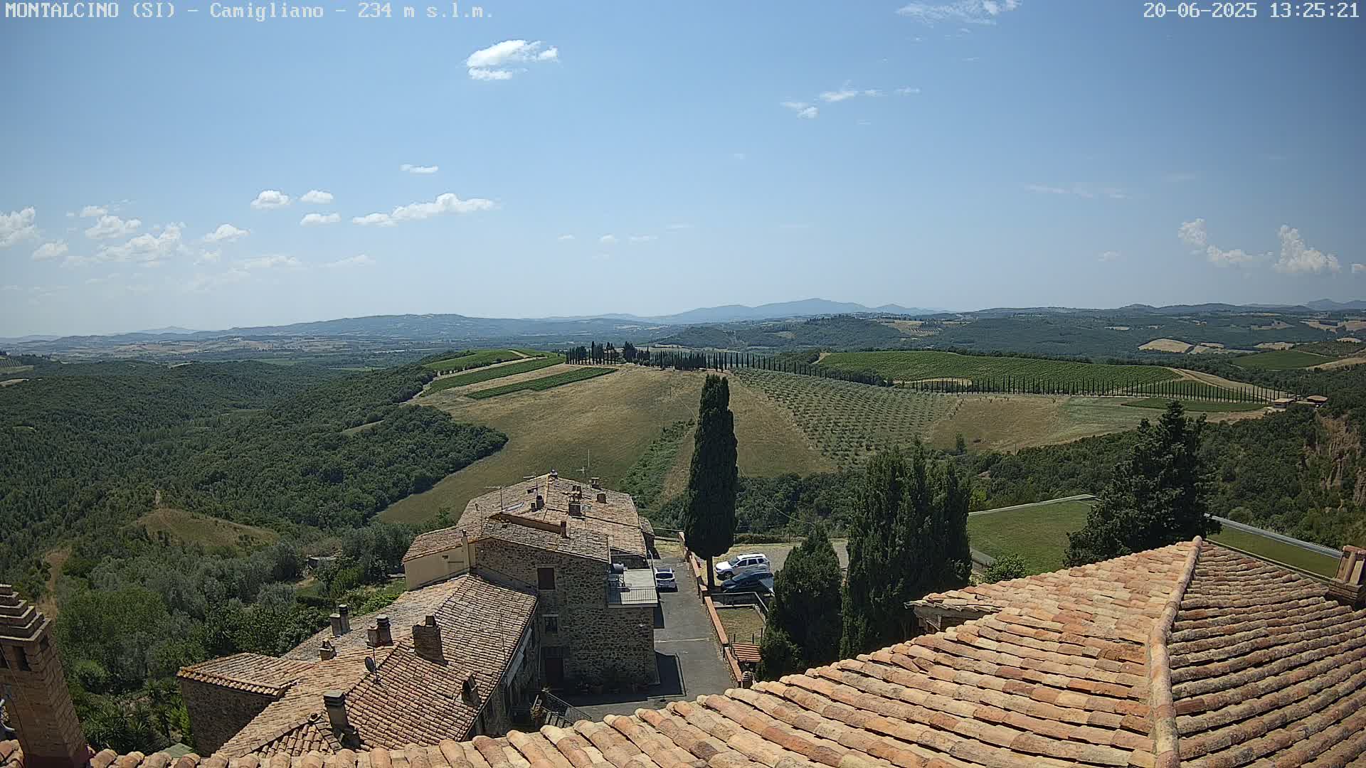 A sunny day reveals a panoramic view of rolling hills, vineyards, and a quaint village with terracotta rooftops, all under a mostly clear sky with a few scattered clouds.