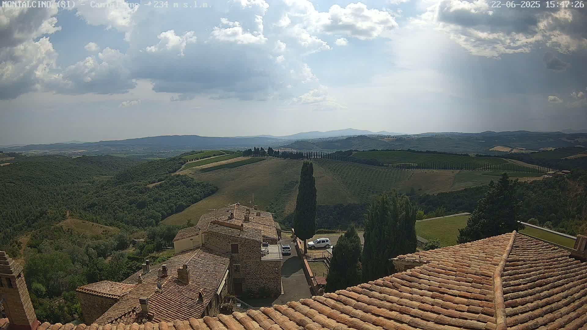 A partly cloudy sky overlooks a Tuscan landscape of rolling hills, vineyards, and stone buildings with terracotta roofs.