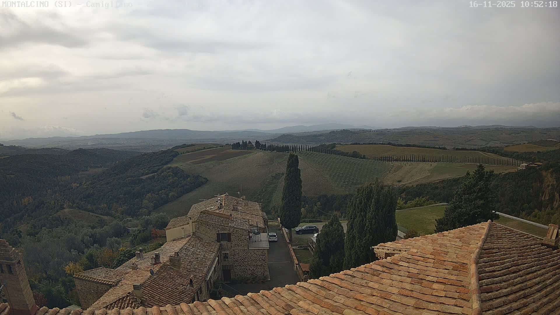 Terracotta rooftops frame a panoramic view of rolling Tuscan-style hills dotted with forests, cultivated fields, and avenues of cypress trees, all beneath a cloudy, overcast sky.