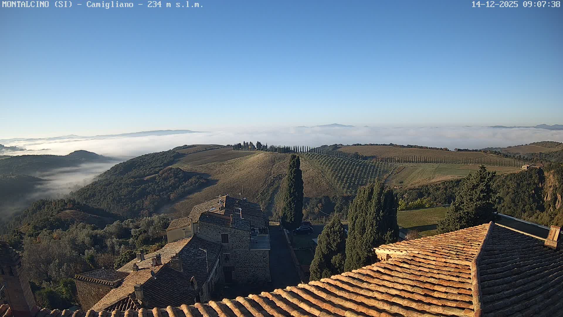Old tiled rooftops and tall cypress trees offer a view over sunlit rolling hills, cultivated fields, and rows of trees, all rising above a dense valley fog under a clear blue sky.
