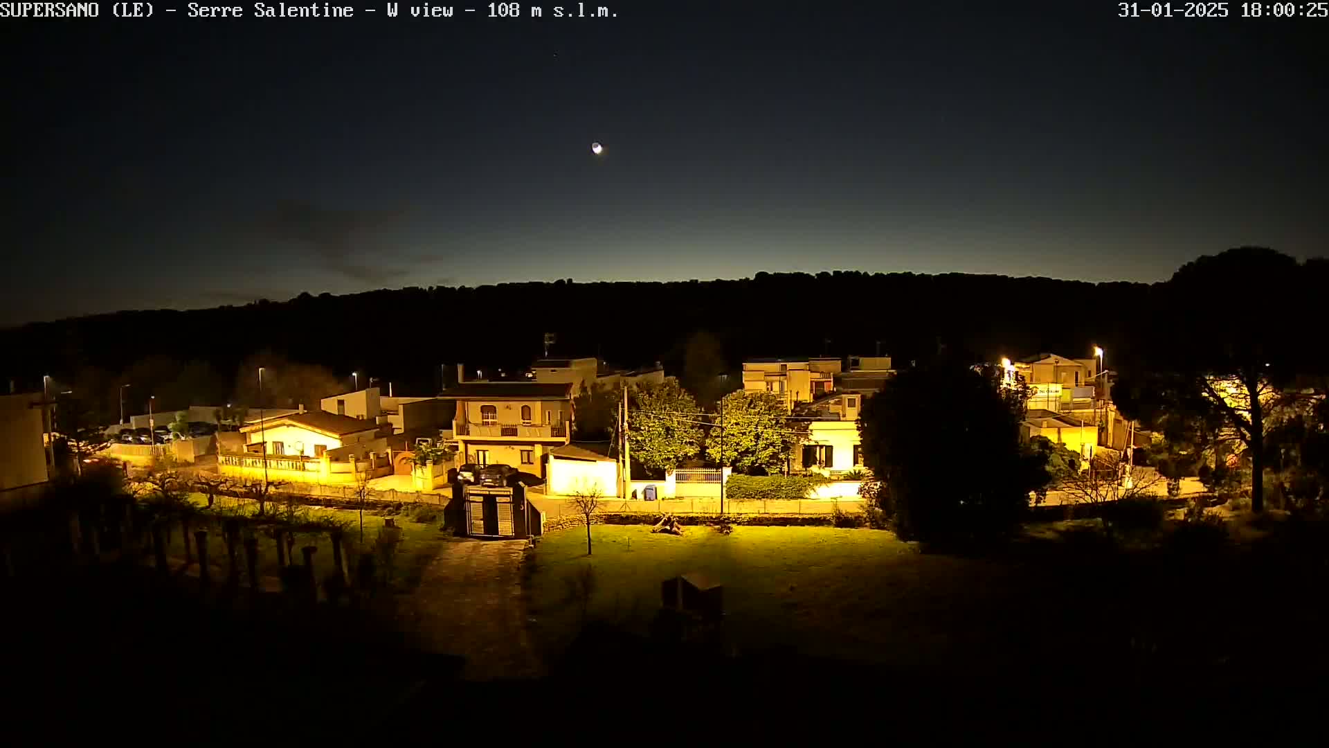 A nighttime view of a residential area illuminated by streetlights, with a dark hill in the background under a mostly clear sky.