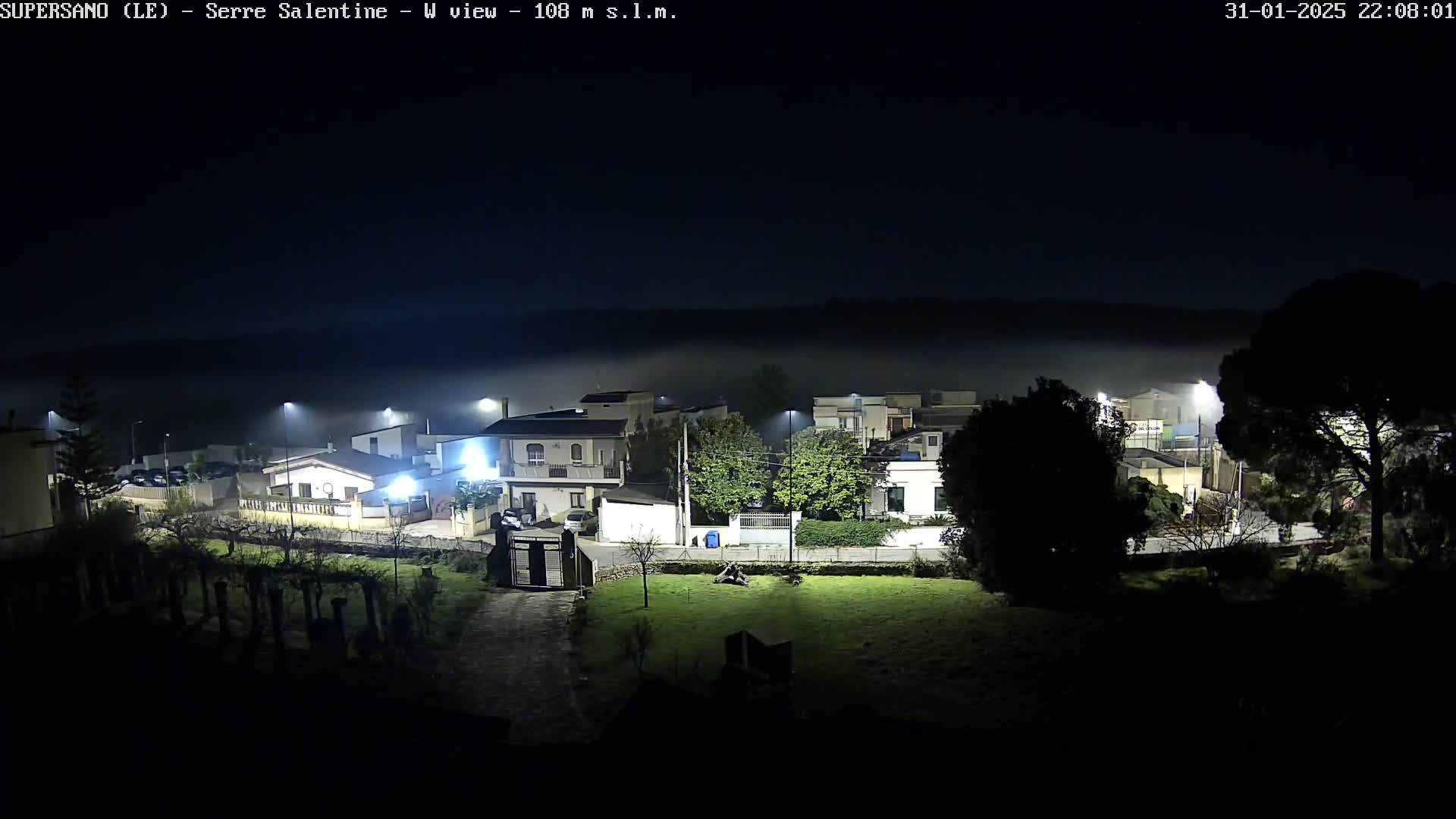 A nighttime view of a residential area shrouded in fog, illuminated by streetlights.