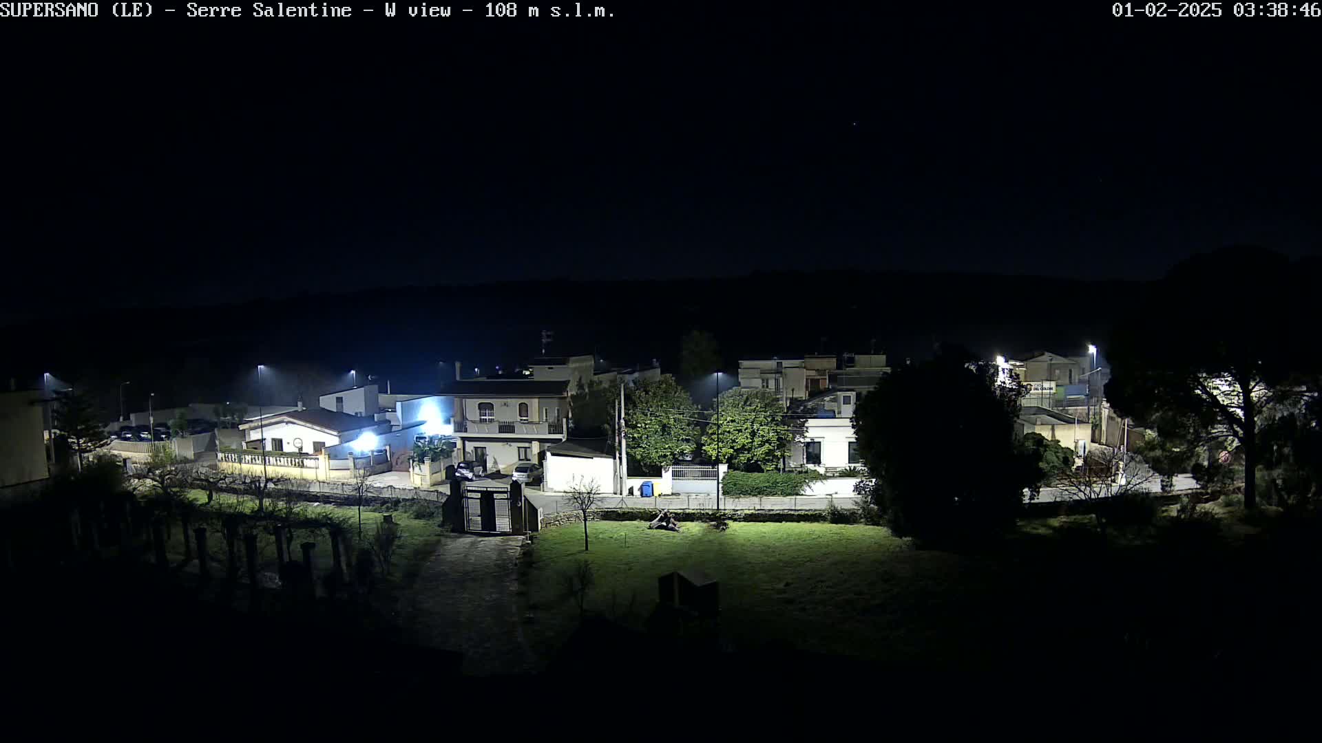 A nighttime view of a residential area, illuminated by streetlights, under a clear, dark sky.