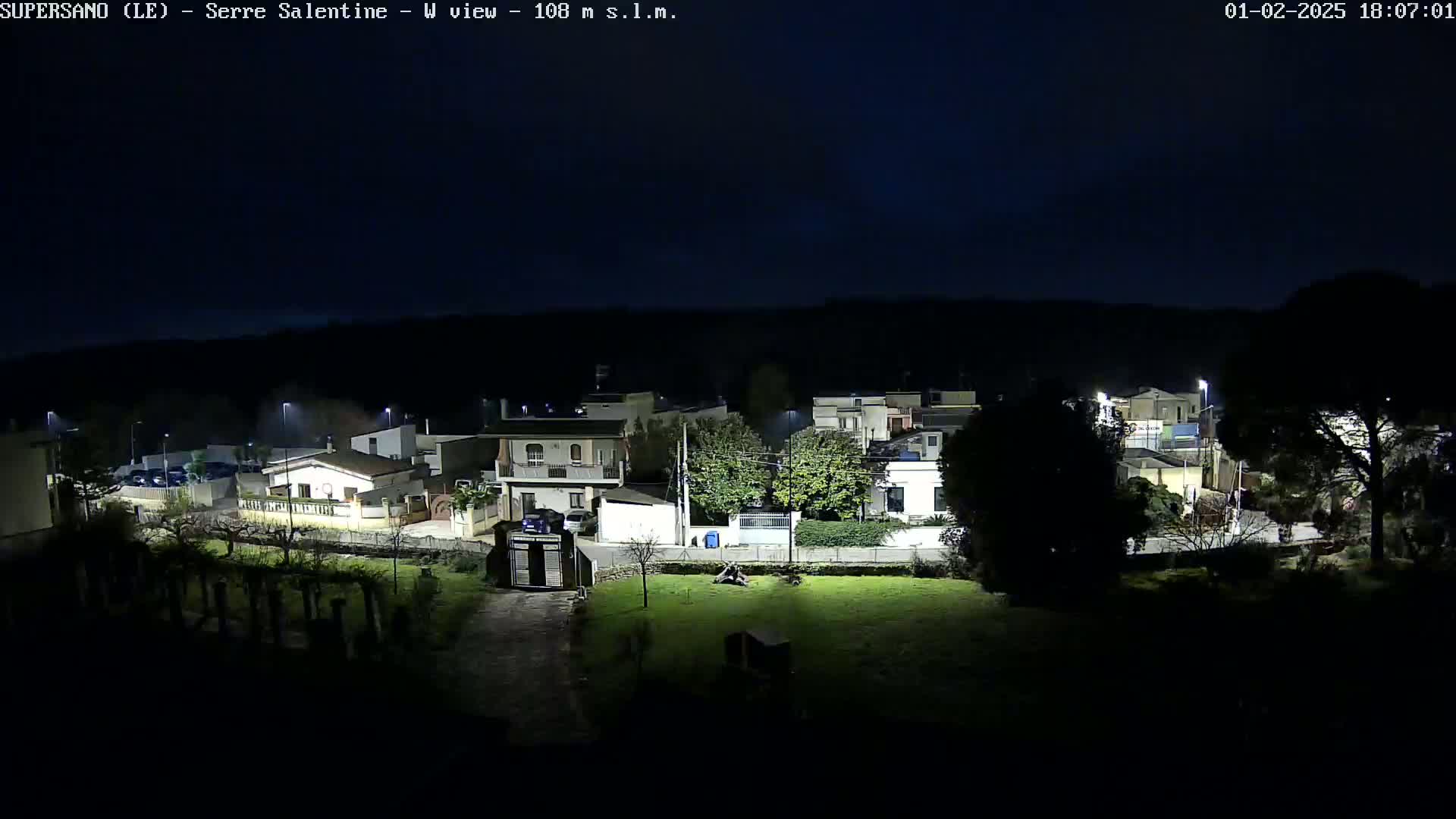 A nighttime view of a residential area with streetlights illuminating houses and a grassy yard.