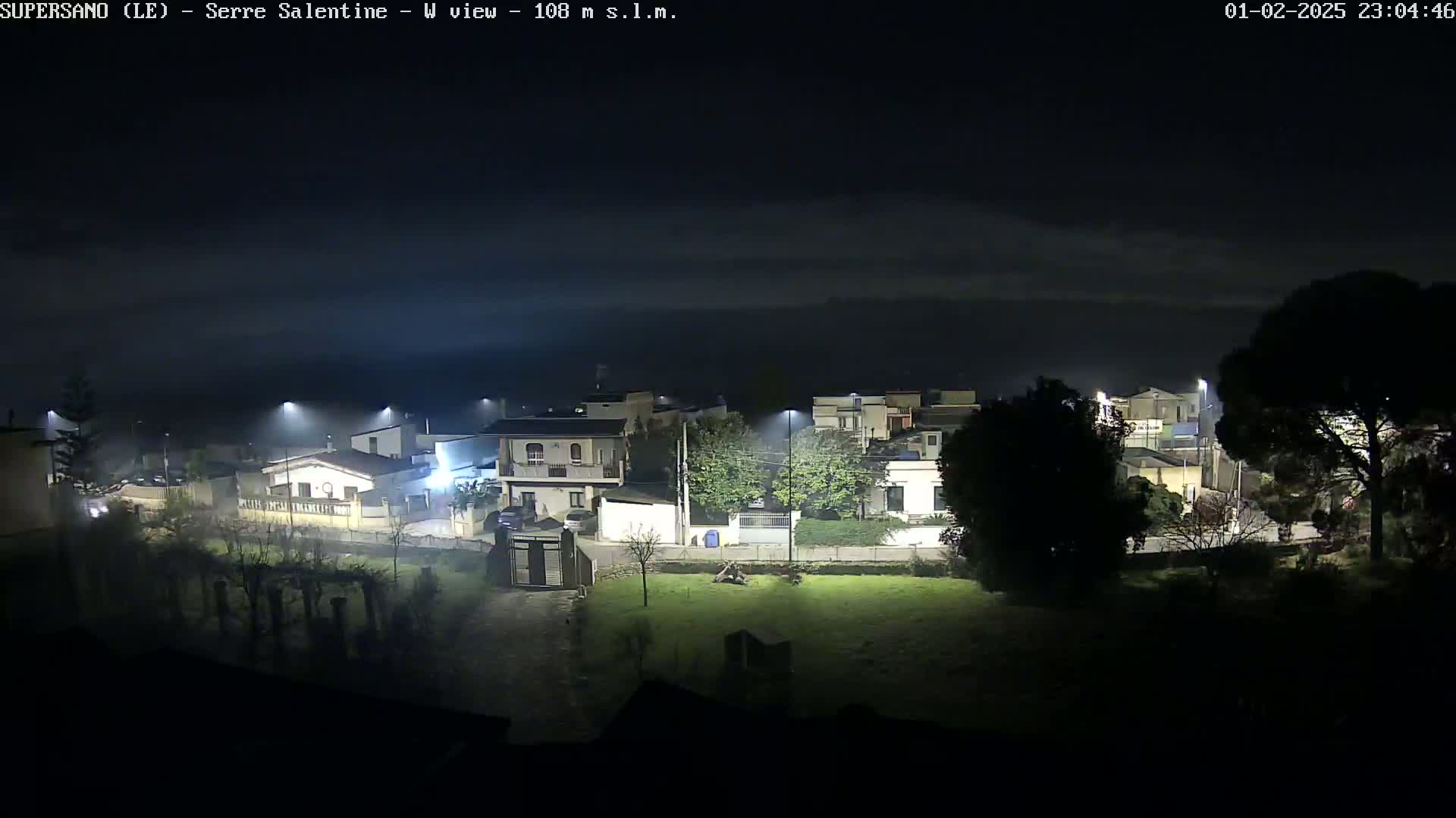 A nighttime, foggy view of a residential area with streetlights illuminating houses and a grassy area.