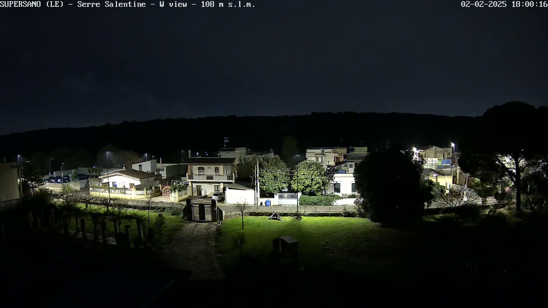 A nighttime view of a residential area with houses illuminated by streetlights under a dark, clear sky.