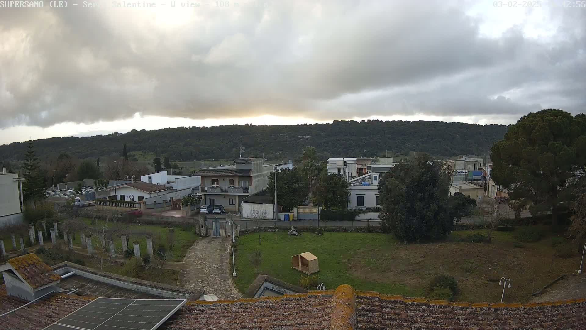 A view from a rooftop shows a residential area with overcast skies and a line of trees and hills in the distance.