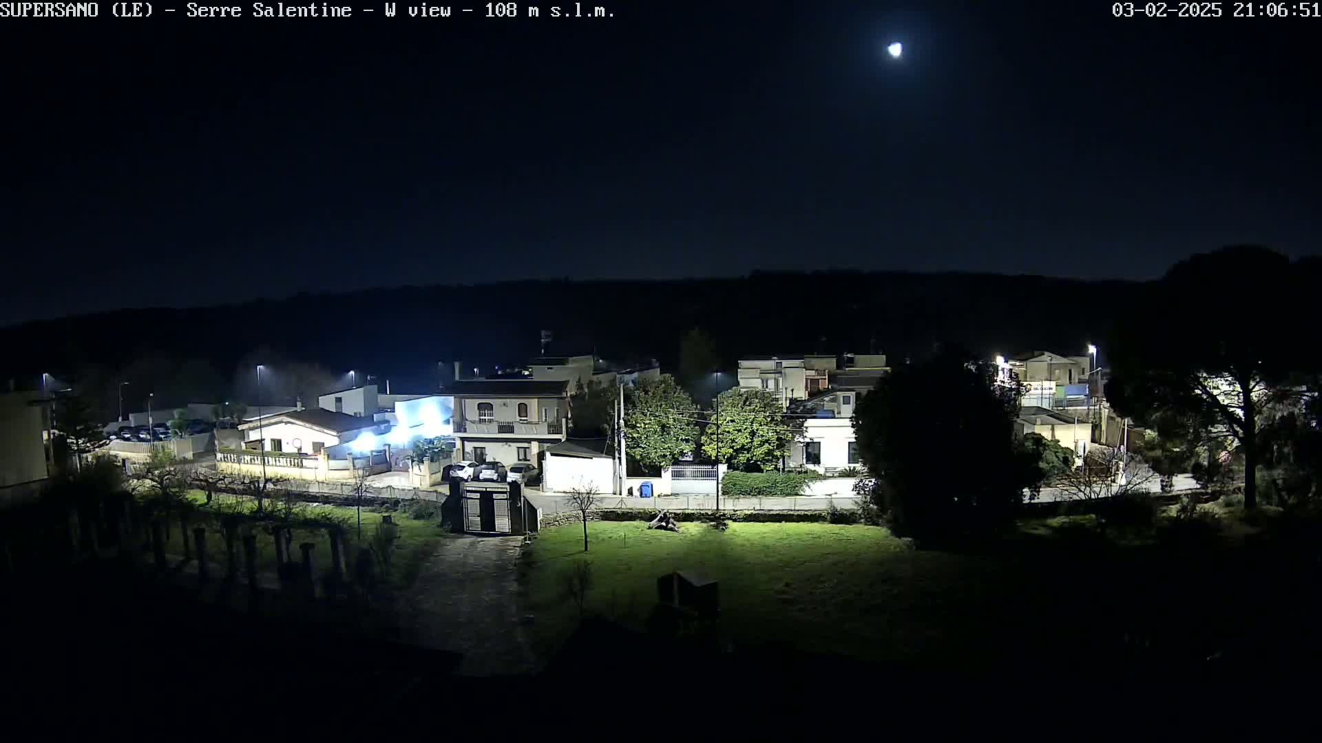 A nighttime view of a small town under a clear, moonlit sky shows a collection of buildings, trees, and a grassy area.