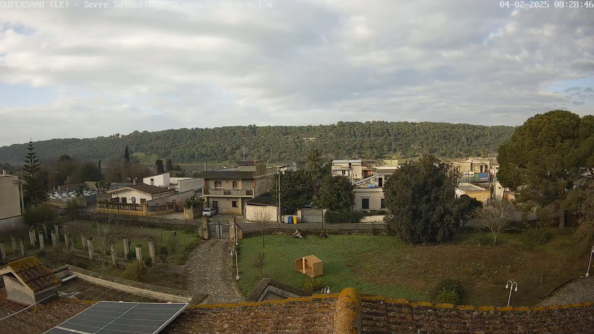 A cloudy day overlooks a residential area nestled at the foot of a tree-covered hill.