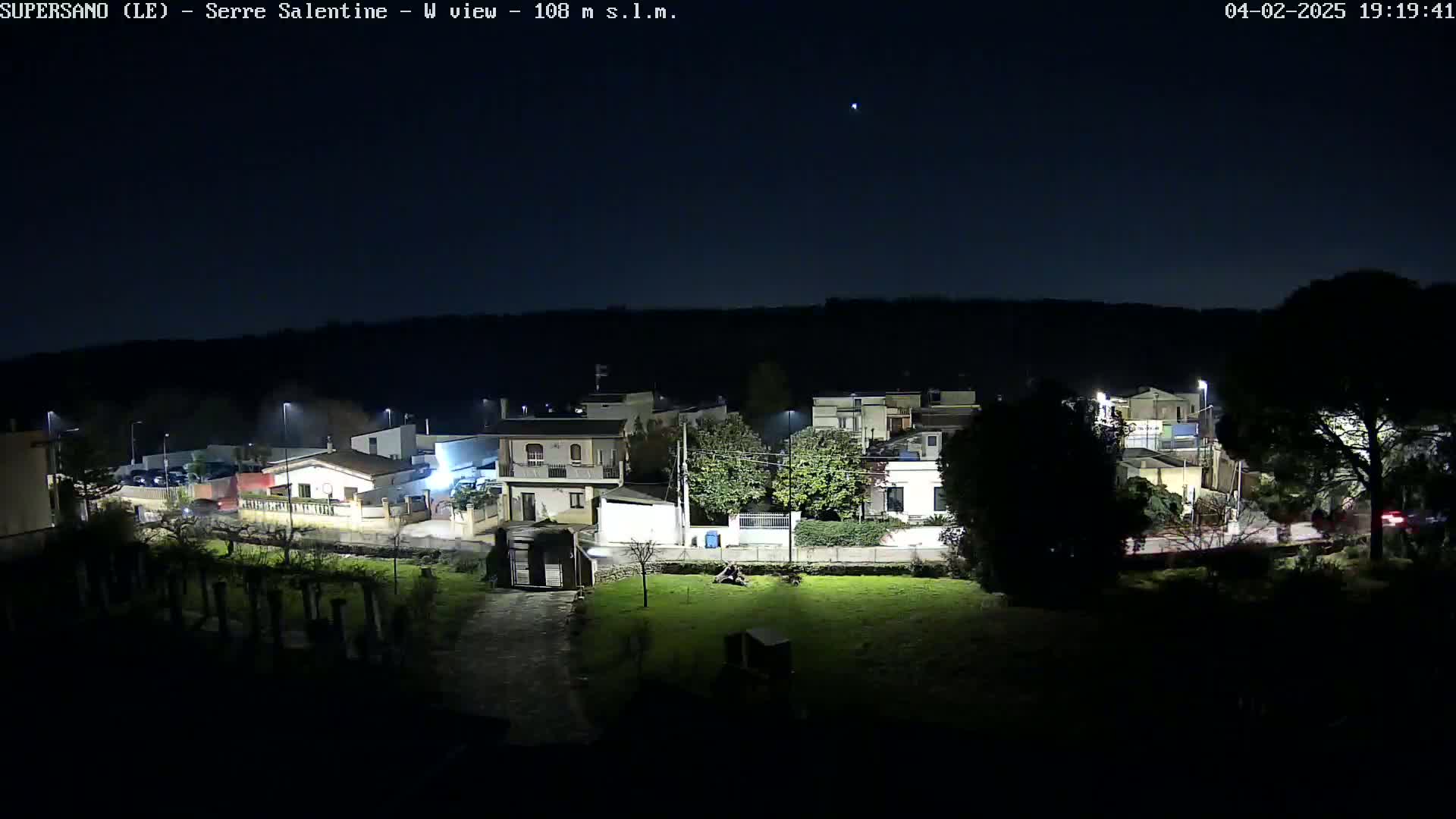 A nighttime view of a residential area with streetlights illuminating houses and trees under a clear, dark sky.