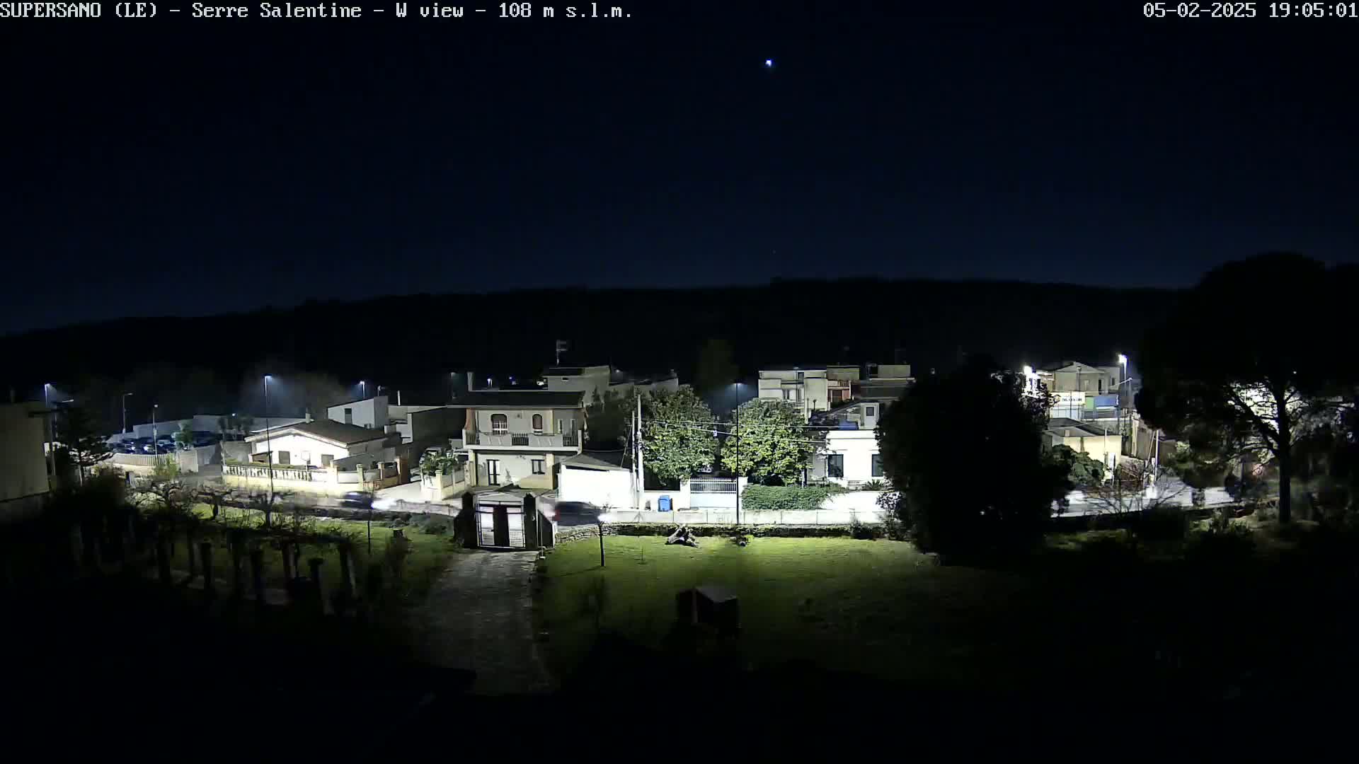 A nighttime view of a residential area with streetlights illuminating houses and trees under a clear, dark sky.