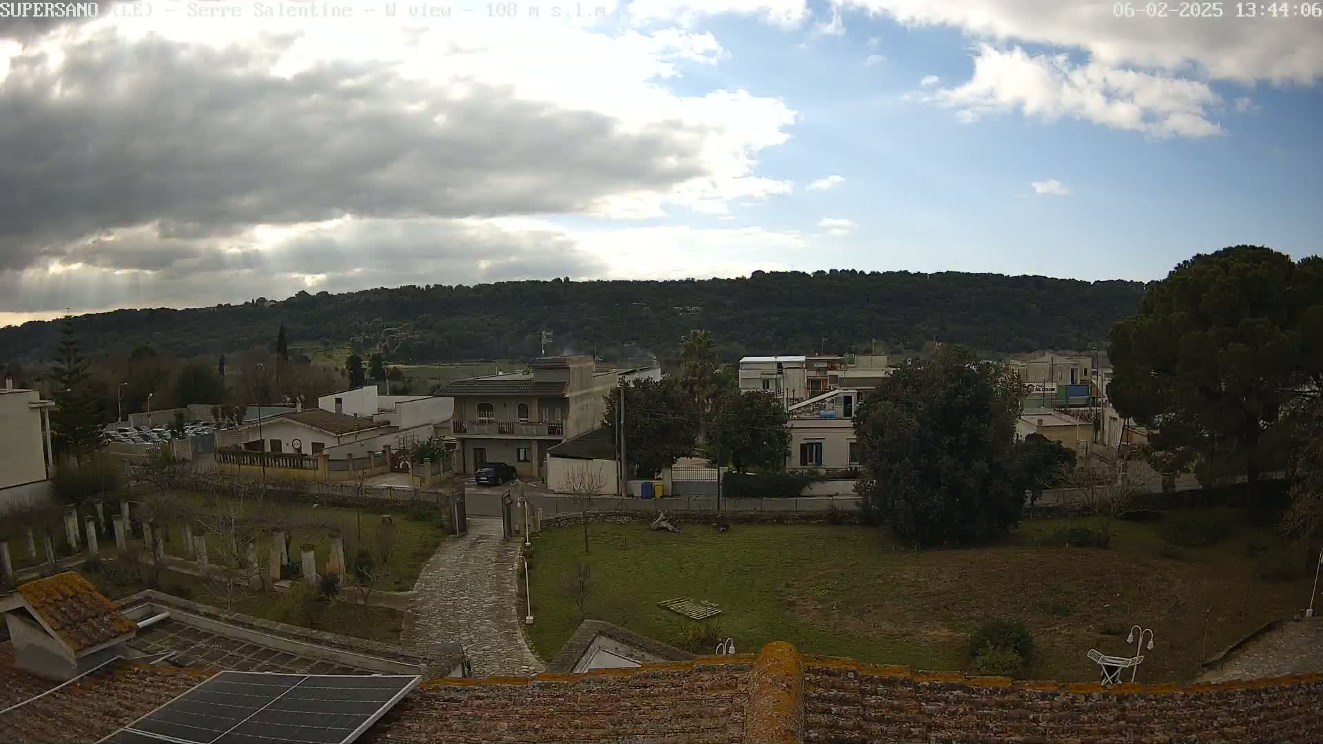 A partly cloudy sky overlooks a residential area with low-lying buildings and a grassy yard, nestled at the base of a tree-covered hill.