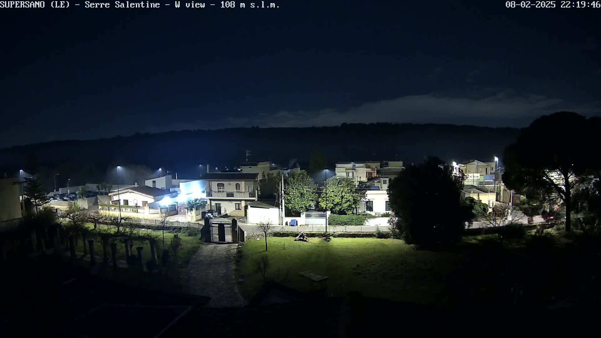 A nighttime view of a residential area illuminated by streetlights, under a mostly clear, dark sky.