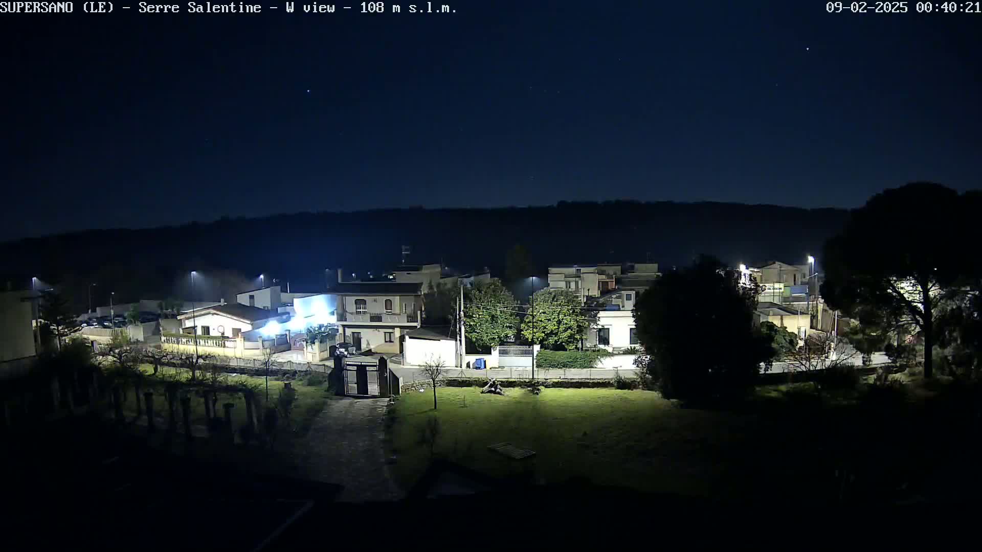 A nighttime, clear-sky view of a residential area with streetlights illuminating houses, trees, and a grassy lawn.