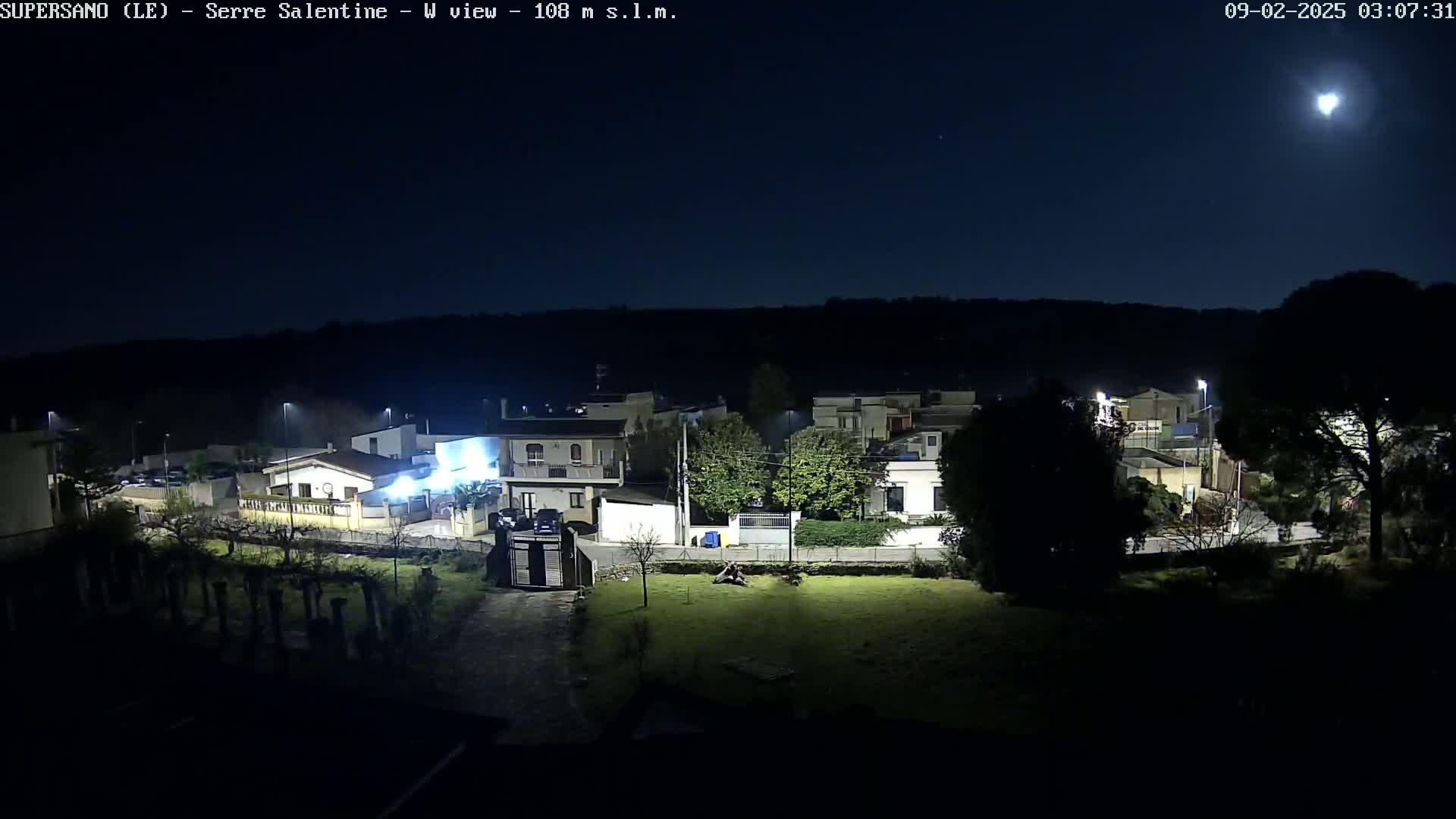 A nighttime view of a residential area under a clear, moonlit sky shows houses and trees illuminated by streetlights.