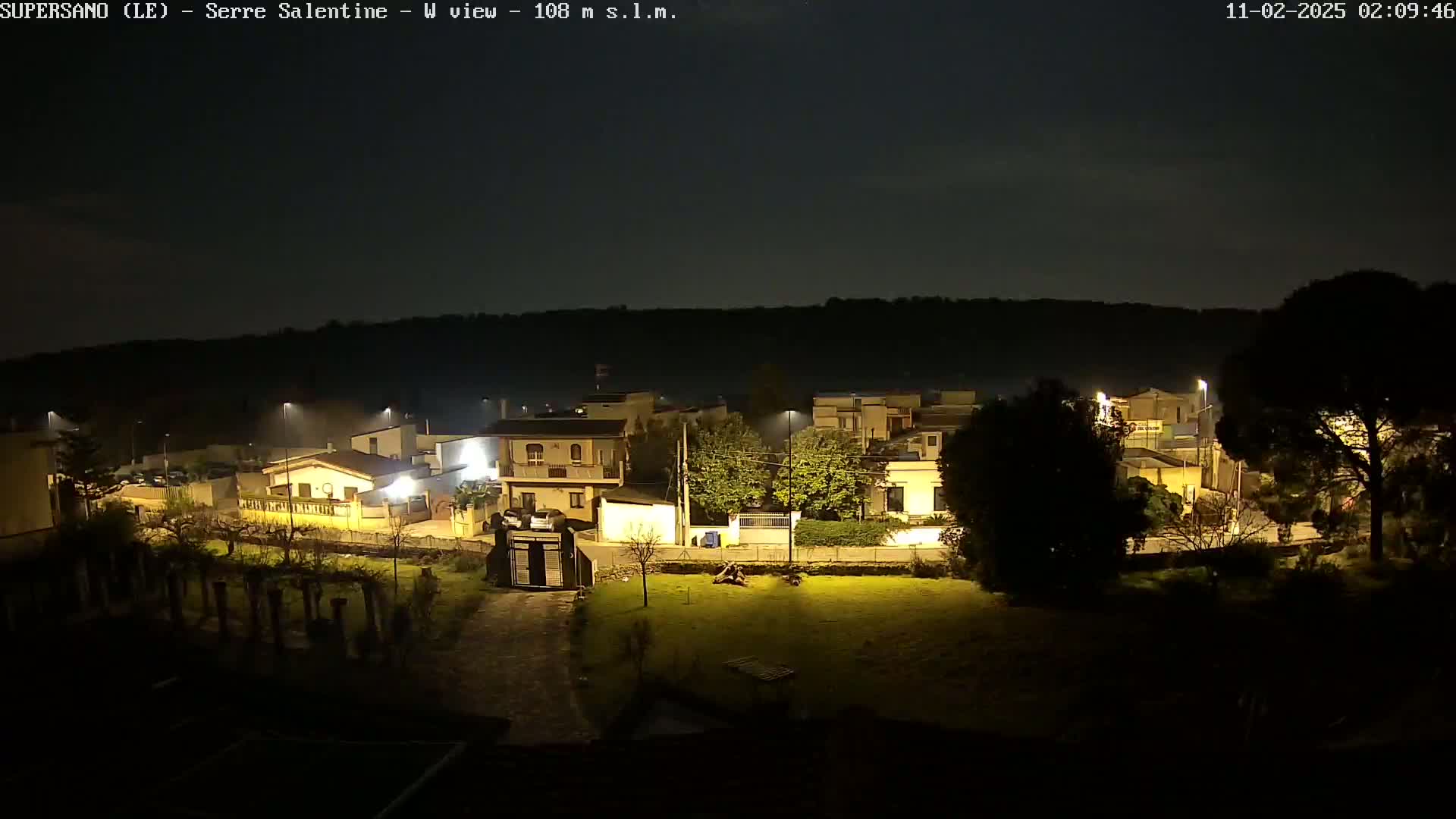 A nighttime view of a residential area illuminated by streetlights, under a dark, possibly stormy sky.