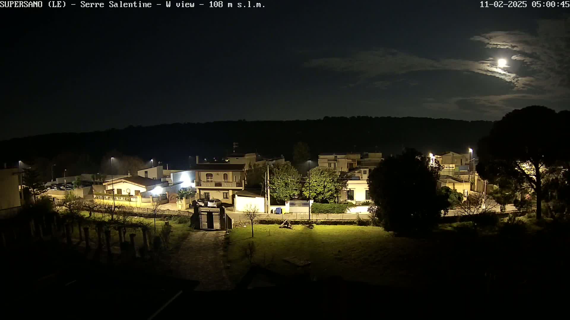 A nighttime view of a small town under a partly cloudy moonlit sky, showing illuminated buildings and streets.