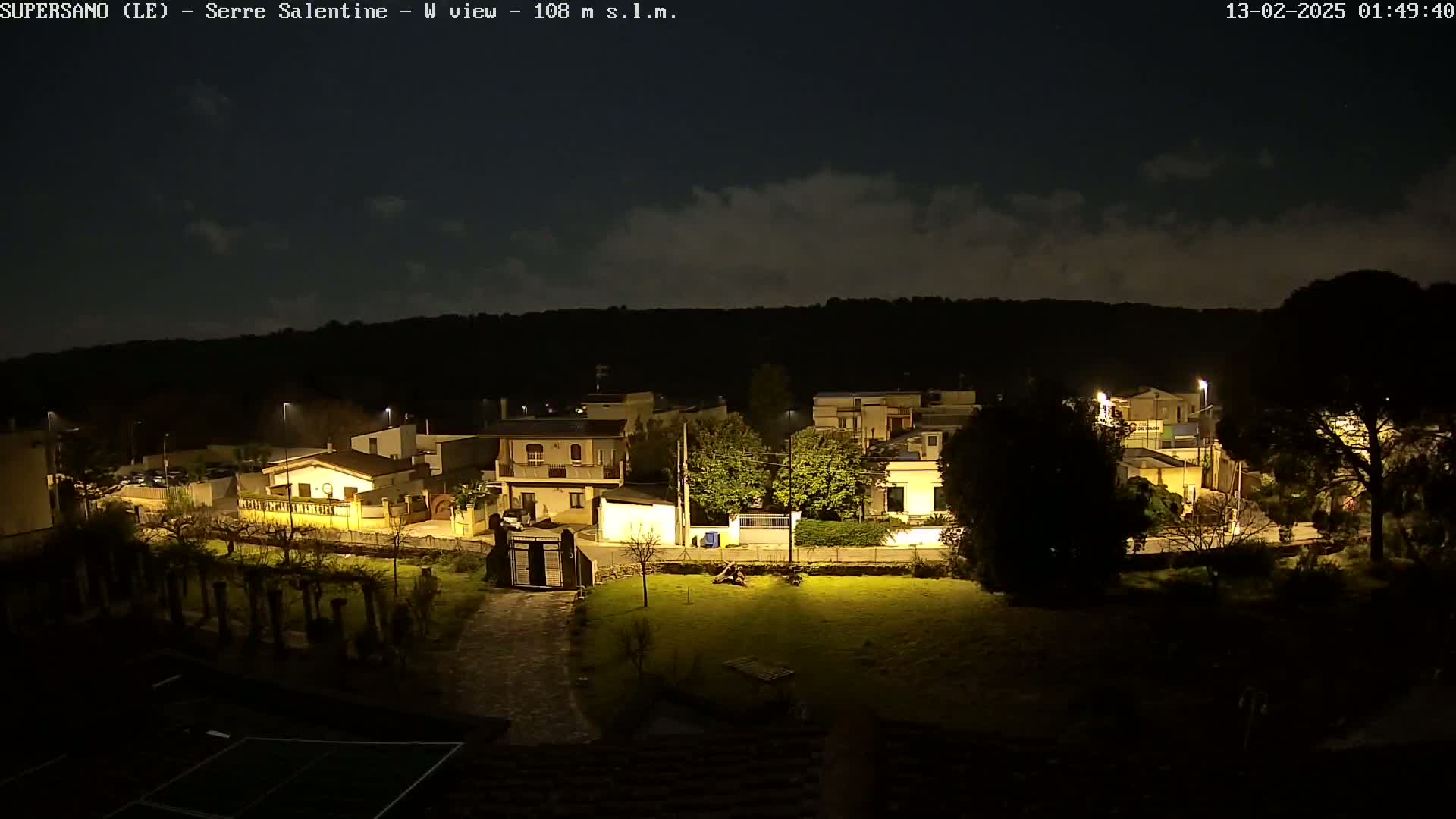 A nighttime view of a residential area with softly lit houses and streetlights under a partly cloudy sky.