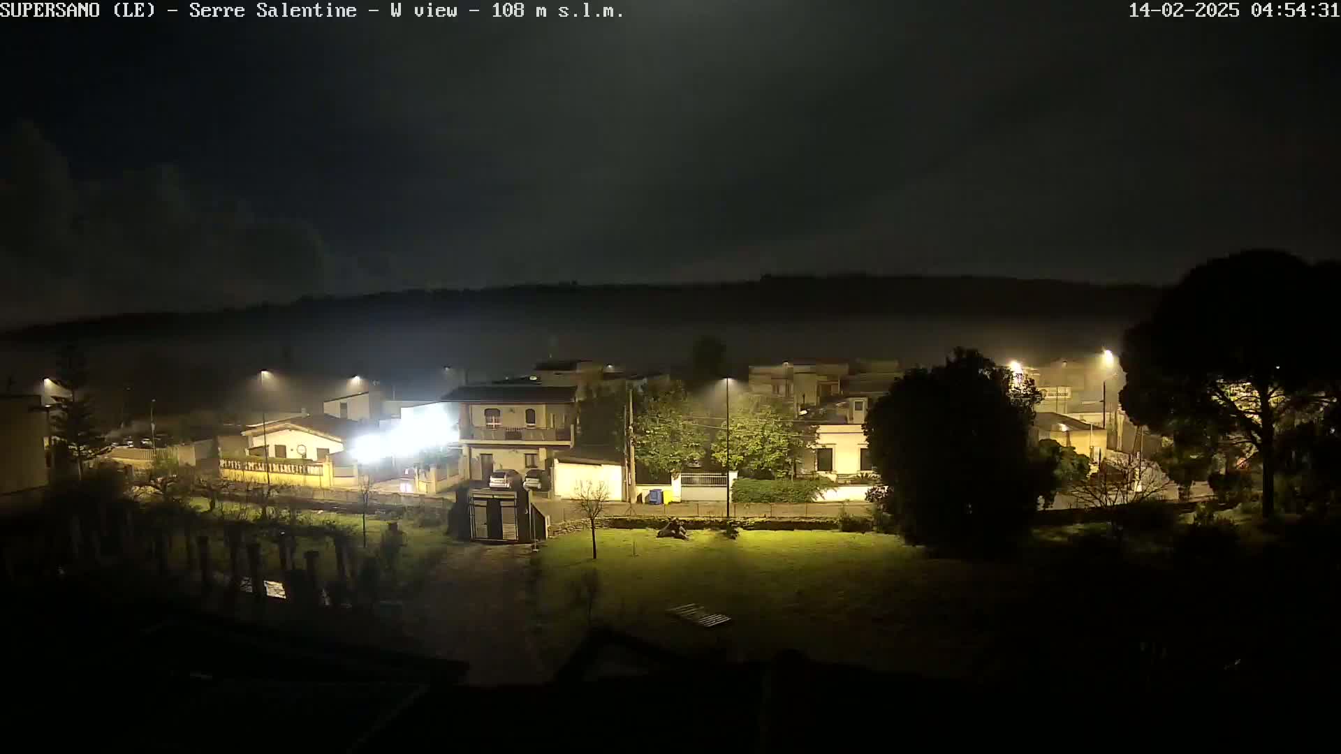 A nighttime view of a residential area under a dark, possibly foggy sky, with rain falling and streetlights illuminating the scene.